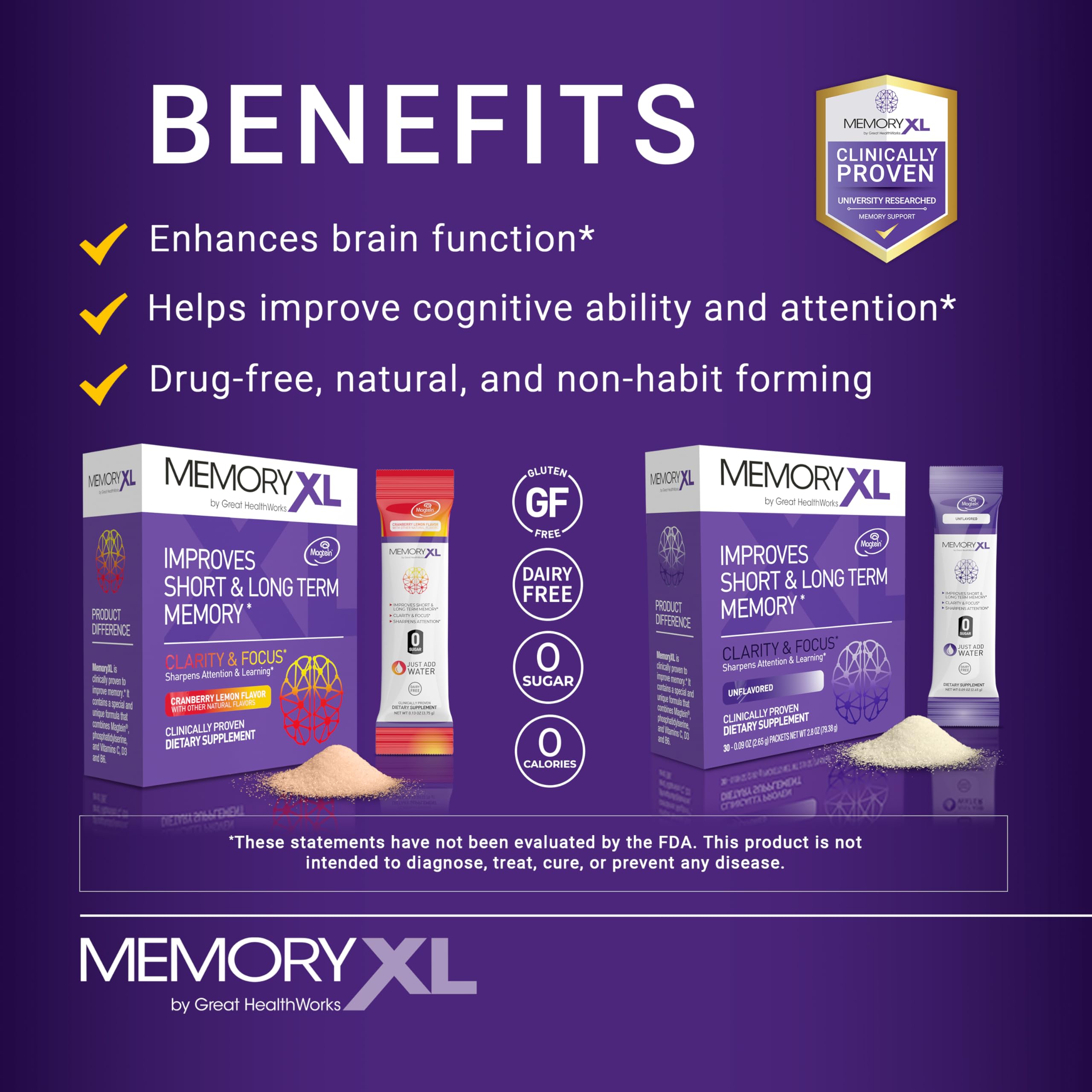 MemoryXL, Magnesium L-Threonate: Brain Supplement for Memory & Focus; Magtein®, Phosphatidylserine, Vitamin Mix. Improves Memory Focus Attention Learning & Logic. 0 Sugar, 0 cal, 30pk Cranberry Lemon OmegaXLAu supplements