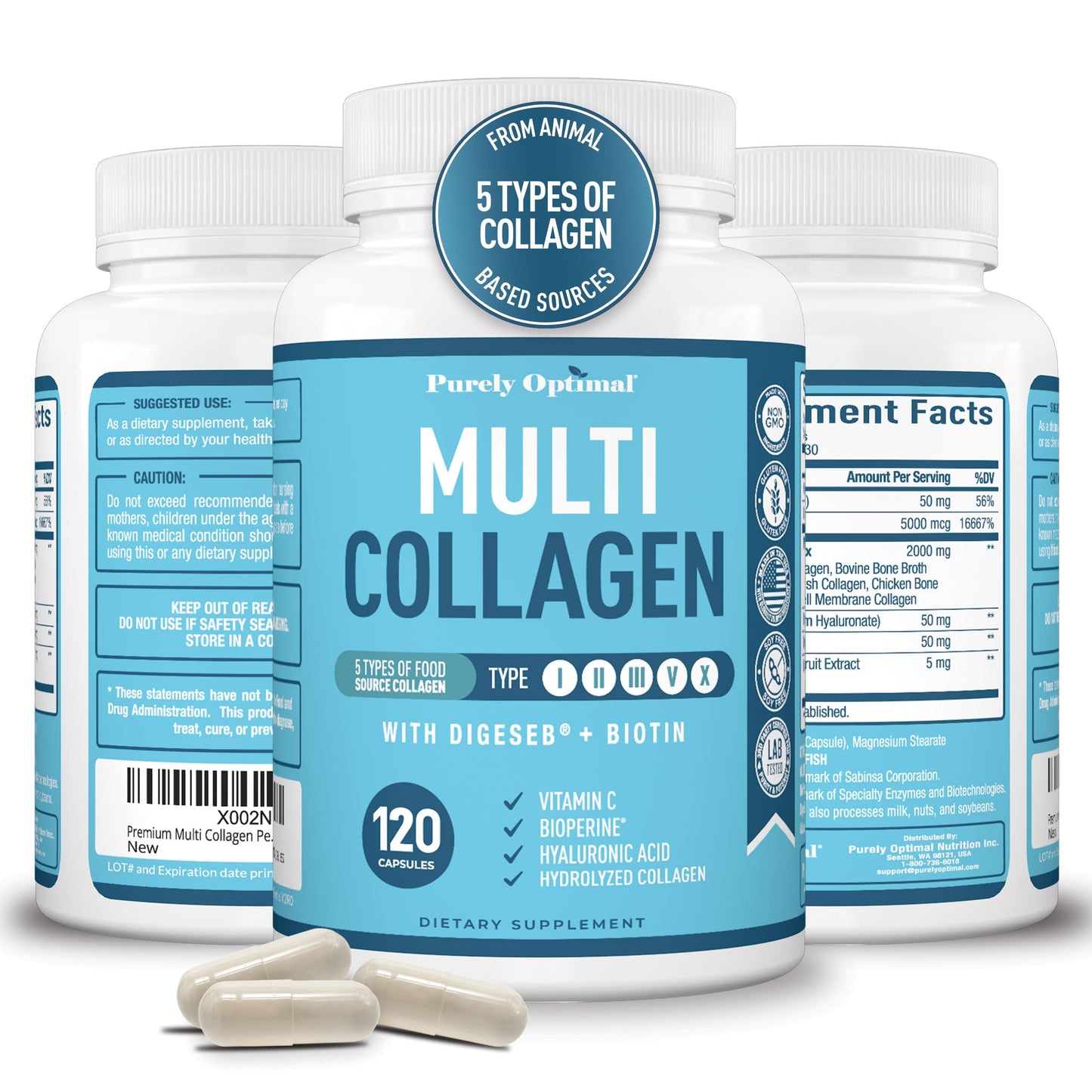 Premium Multi Collagen Peptides (Types I, II, II, V, X) - Collagen Pills for Skin Care, Hair Growth, Nails & Joints - Vitamin C, Hyaluronic Acid Purely OptimalUS supplements