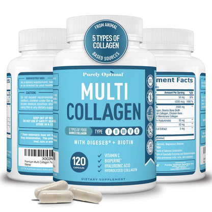 Premium Multi Collagen Peptides (Types I, II, II, V, X) - Collagen Pills for Skin Care, Hair Growth, Nails & Joints - Vitamin C, Hyaluronic Acid Purely OptimalUS supplements