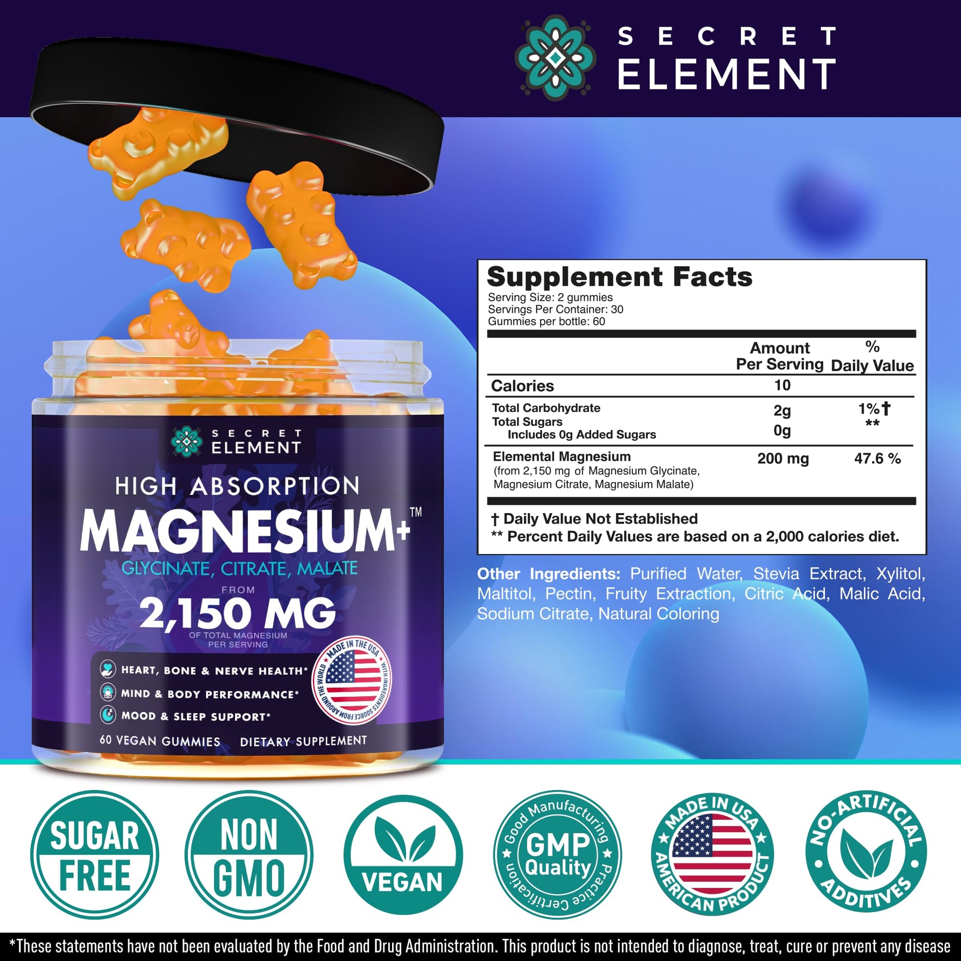Magnesium Glycinate 2150MG Gummies for Women and Men, High Absorption Magnesium Glycinate, Citrate, Malate Gummies for Adults & Kids, Sleep Support, Sugar Free, Vegan, 60 Chews, Orange Secret ElementAu supplements