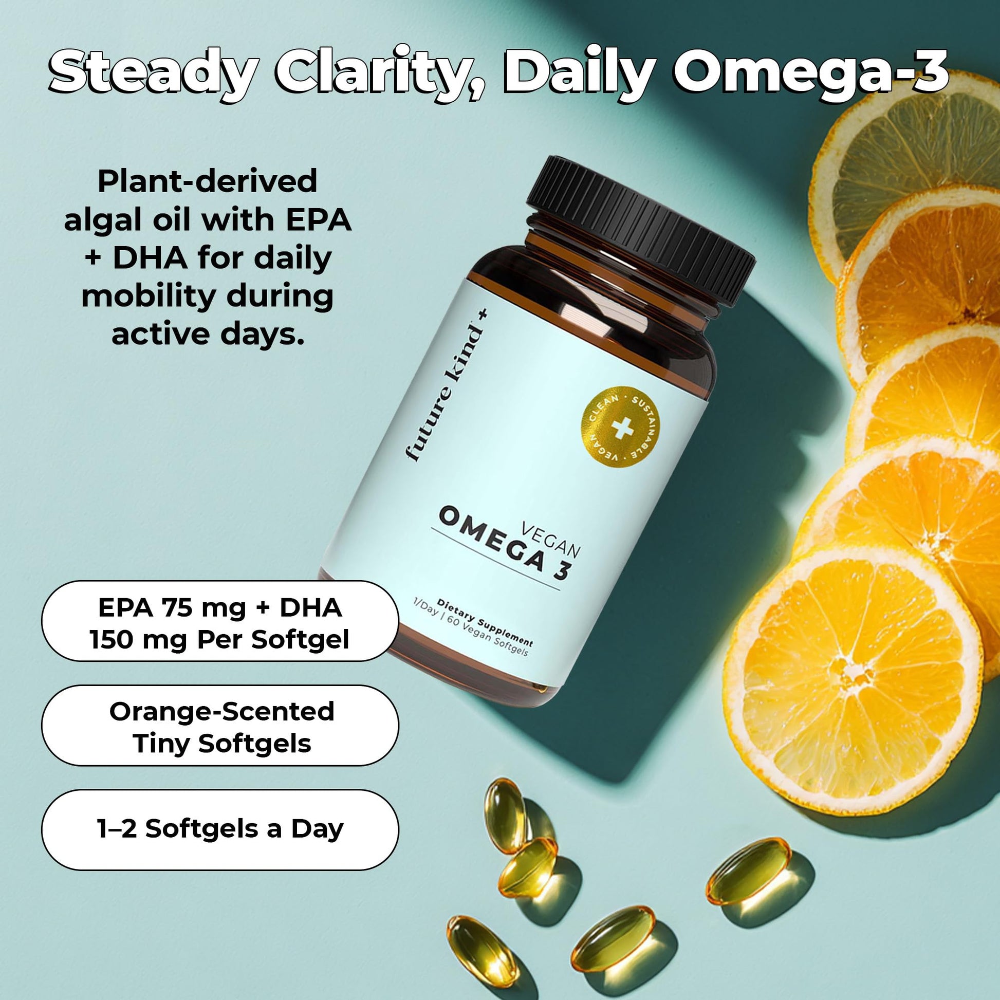 Future Kind Omega-3 Supplement for Clarity, Memory, and Mobility Comfort, 2 Months Supply of Citrus-Scented Softgels with EPA and DHA, Vegan Omega-3 Supplement from Algae, Carrageenan Free, 60 Count Future KindAu supplements