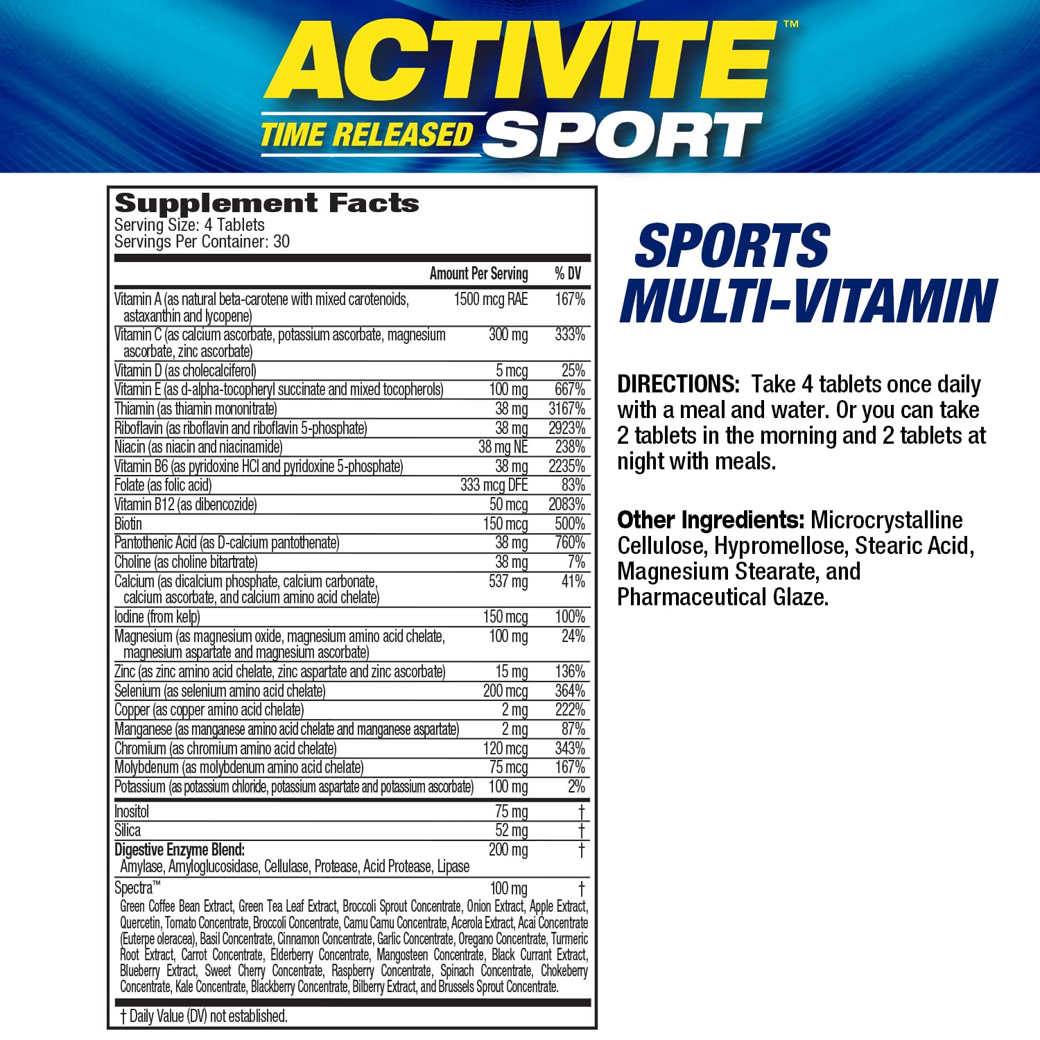MHP Activite Sport Multi Vitamin, 25 Vitamins and Minerals, Nitric Oxide Booster, Digestive Enzymes, Antioxidants, 120 Tablets Maximum Human PerformanceAu supplements