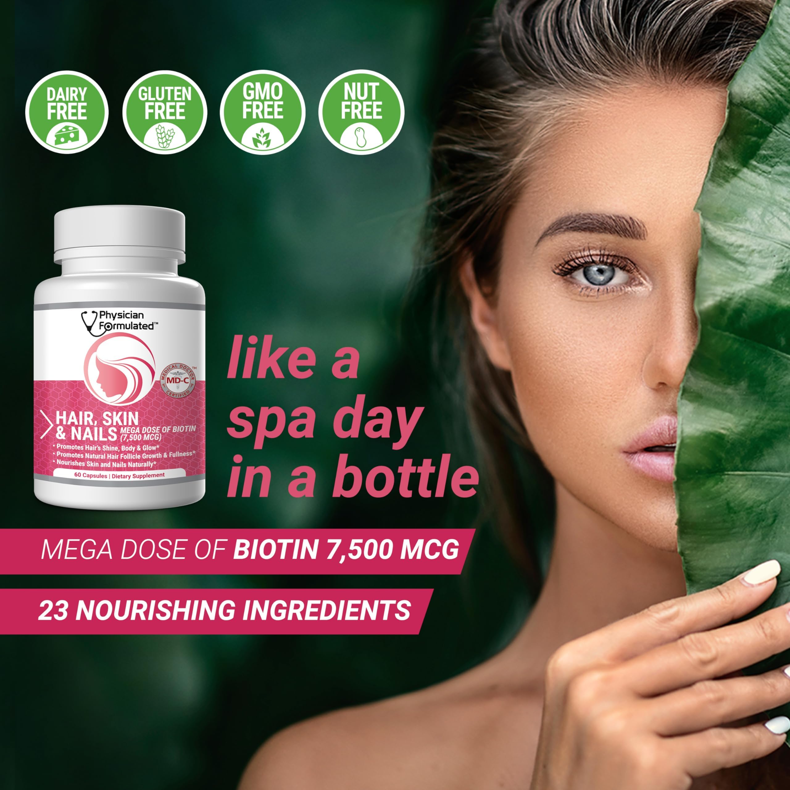 Physician Formulated Healthy Hair Skin and Nails Vitamins for Men and Women - 7500 mcg Biotin, Amino Acids, Collagen and Hyaluronic Acid - 60 Capsules Physician FormulatedAu supplements