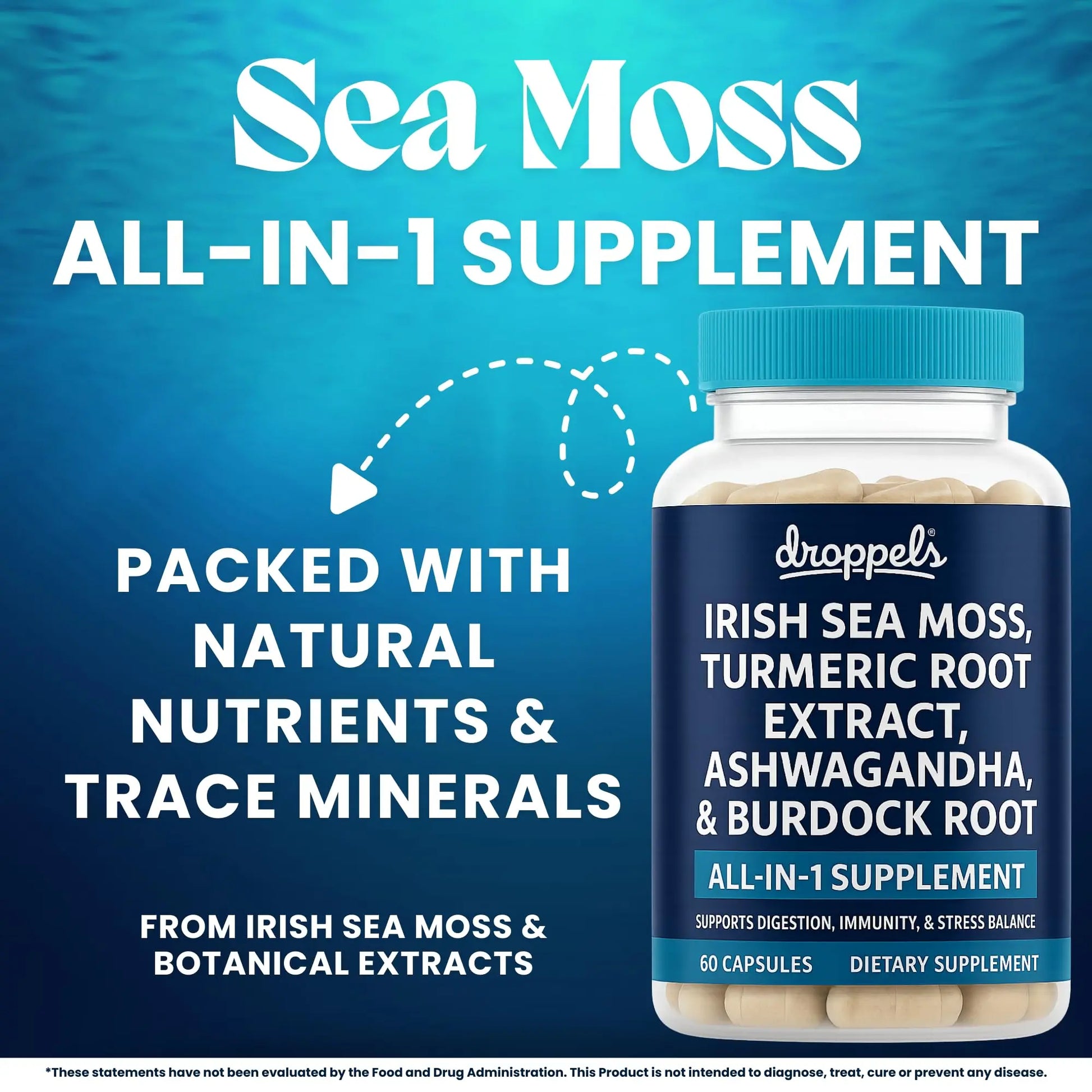 Droppels Irish Sea Moss Capsules with Turmeric Root, Ashwagandha, Black Pepper & Burdock Root – Natural Mineral Blend for Immune, Digestion, Joint & Energy Support – Vegan, Non-GMO – 60 Capsules DroppelsAu supplements
