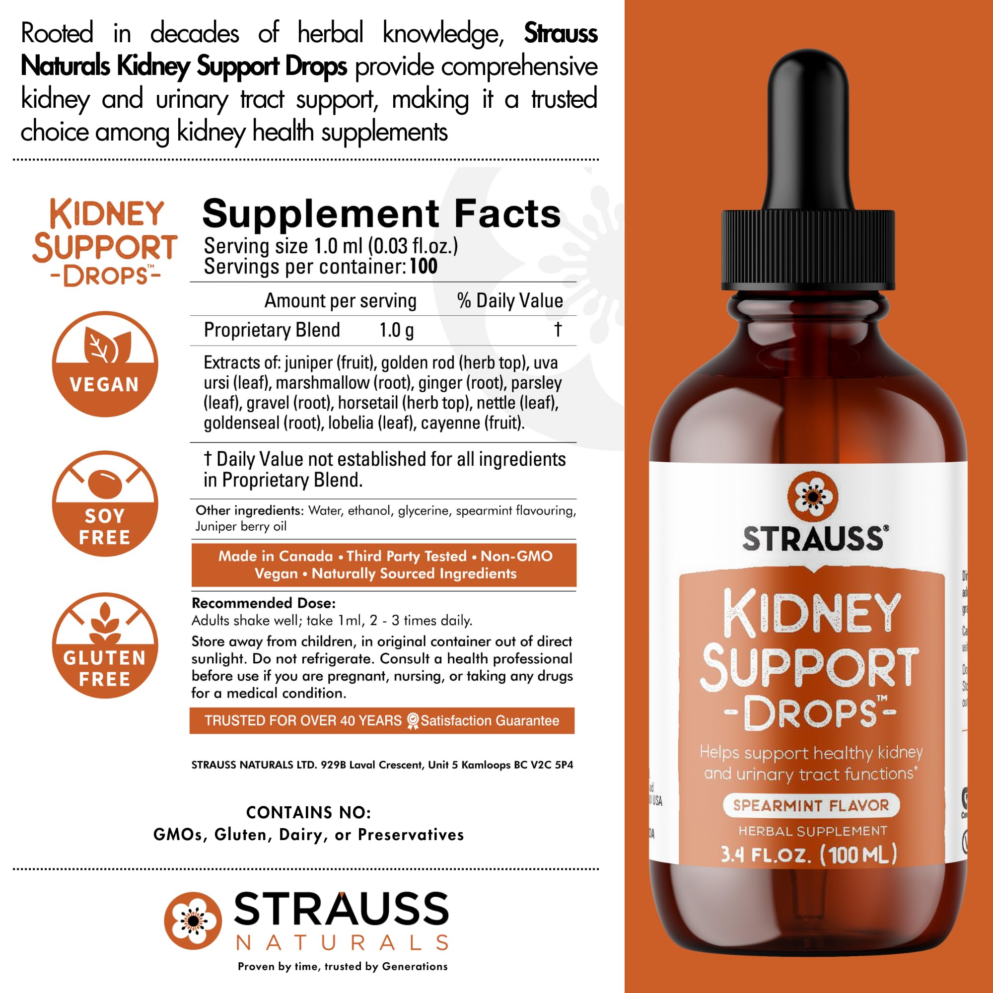 Strauss Naturals Kidney Support Drops – Herbal Kidney Support Supplement for Men and Women – Helps with Kidney Health and Urinary Tract Function – Vegan & Non-GMO – Spearmint Flavored – 100 ml Bottle Strauss HeartdropsAu supplements