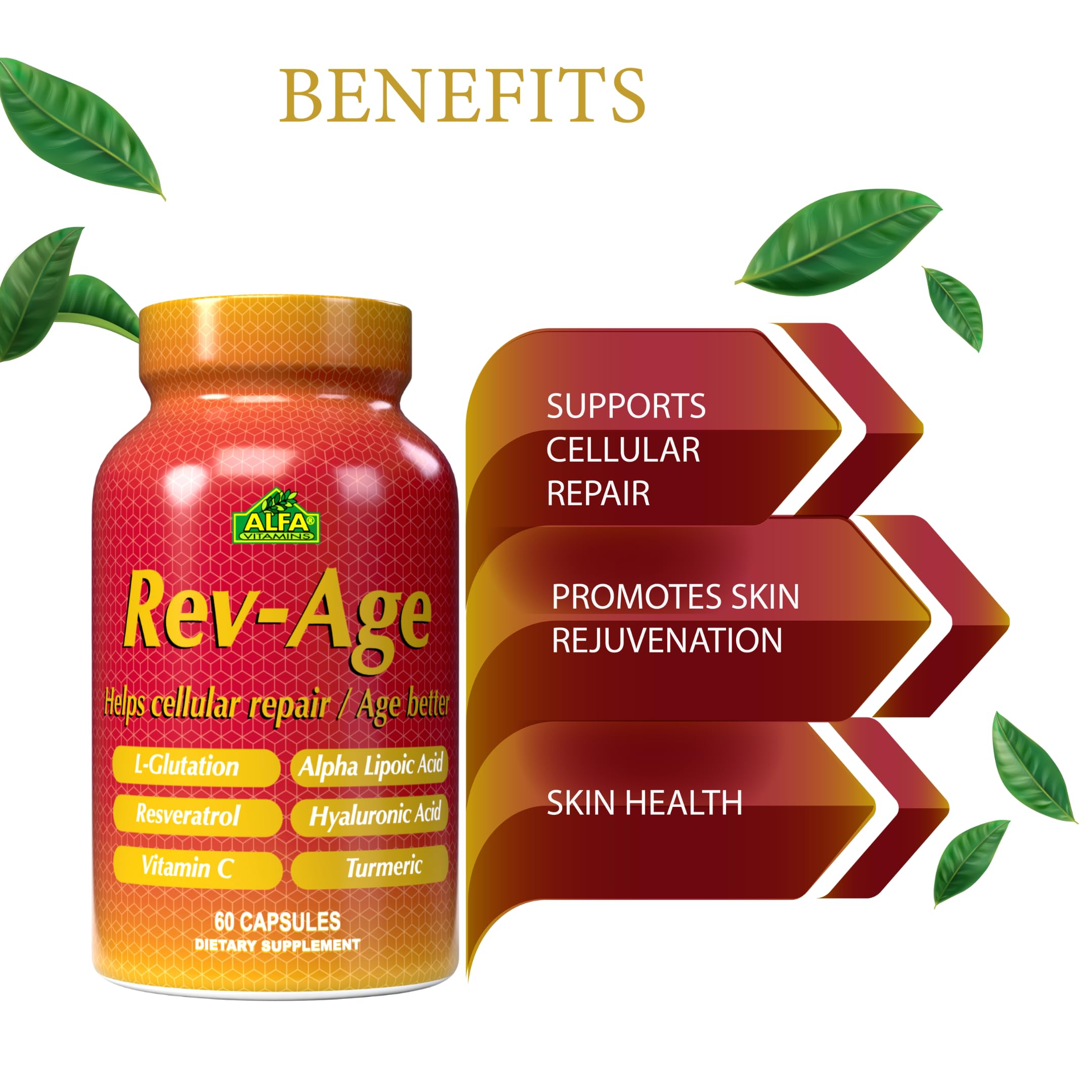 ALFA VITAMINS Rev-Age Cellular Repair Supplement for Anti-Aging & Immune System Support - 60 Capsules ALFA VITAMINSAu supplements
