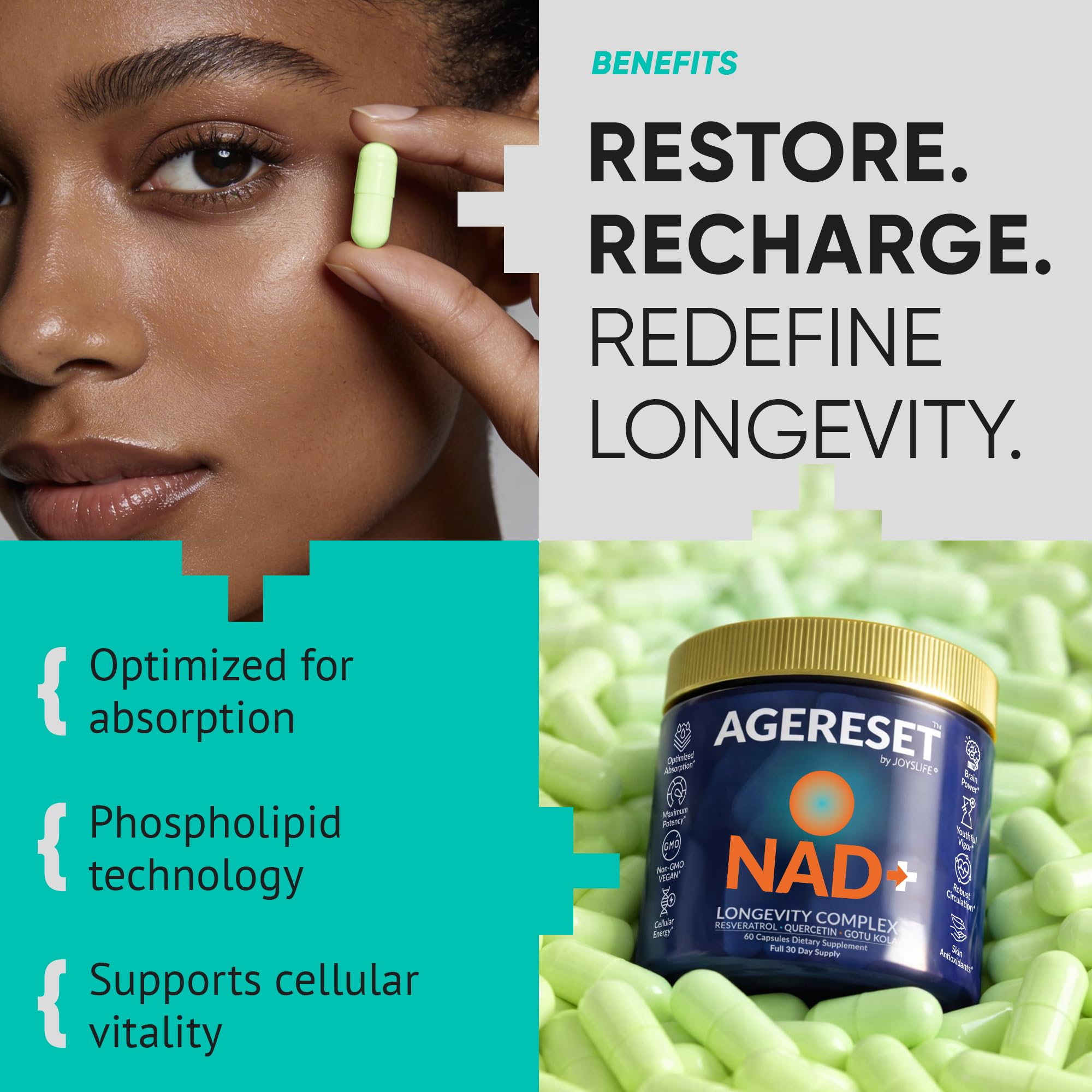 JoysLife AGERESET NAD Supplement NMN Alternative Liposomal + Gotu Kola for Women & Men w/Resveratrol, Quercetin, Gotu Kola JoysLifeAu supplements