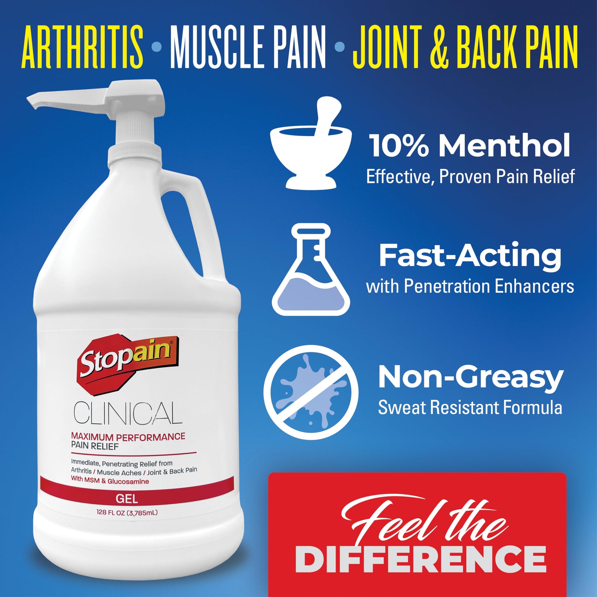 Stopain Clinical Pain Relief Gel 1 Gallon - Professional Formula for Arthritis, Knee, Back & Muscle Pain - Maximum Strength Gel for Joint & Nerve Pains with 10% Menthol Plus Glucosamine - Made in USA StopainAu supplements