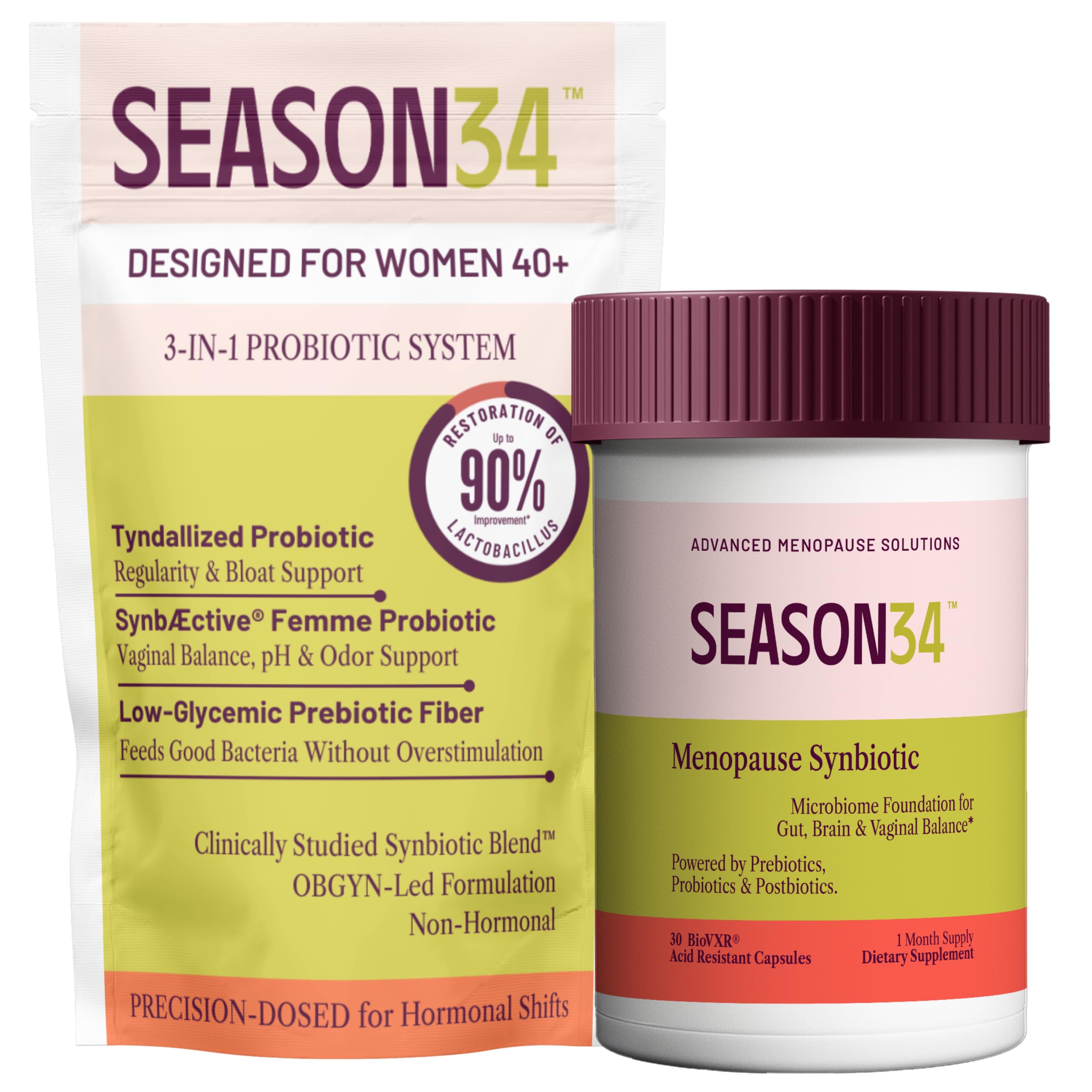 SEASON34 3-in-1 Menopause Probiotic for Women 40+ | Vaginal Care, pH, Odor & Intimate Comfort + Skin, Gut & Bloat Support | with Prebiotic Fiber & Postbiotics | 30 Capsules, 1 Month Supply SEASON34Au supplements
