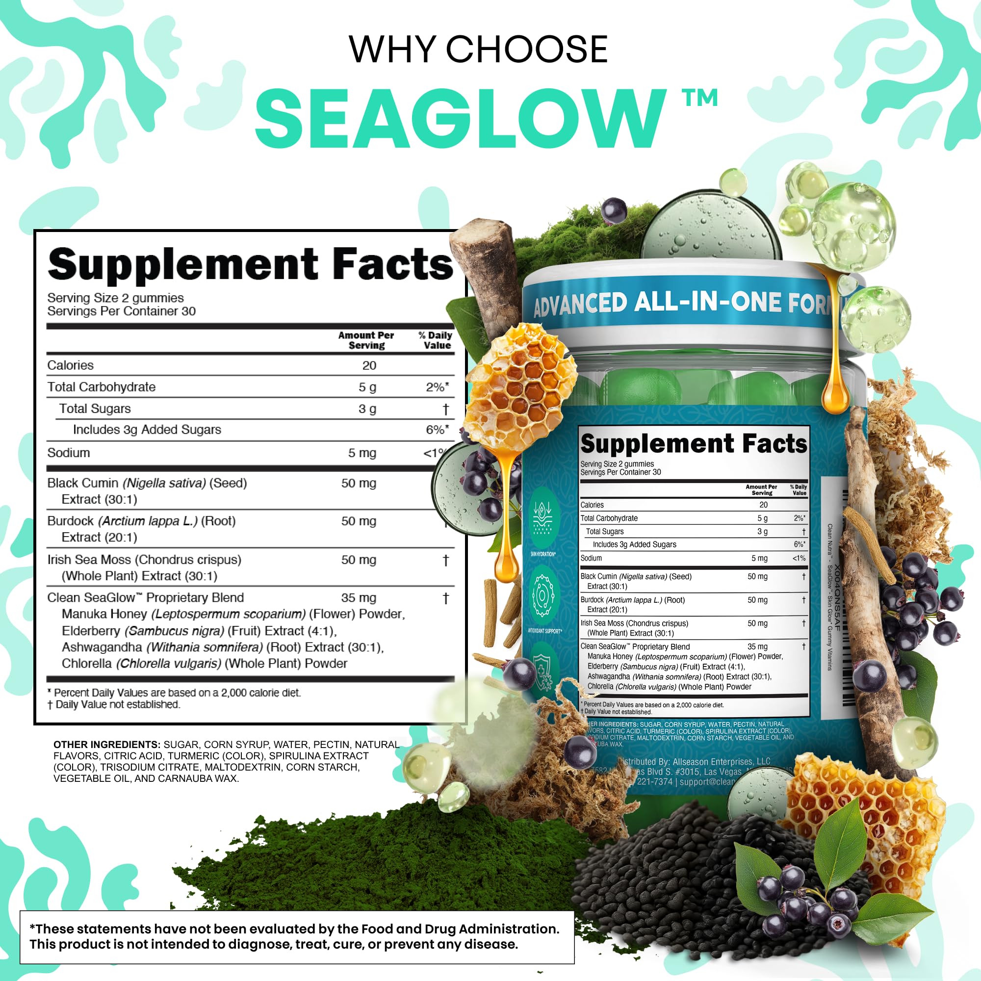 Clean Nutra Sea Moss Gummies Black Seed Oil Chlorella Ashwagandha Root Hair Growth Skin Glow Irish Sea Moss Elderberry Burdock Manuka Honey Trace Minerals Detox 60 Gummy Vitamins Sea Glow Supplement Clean NutraceuticalsAu supplements