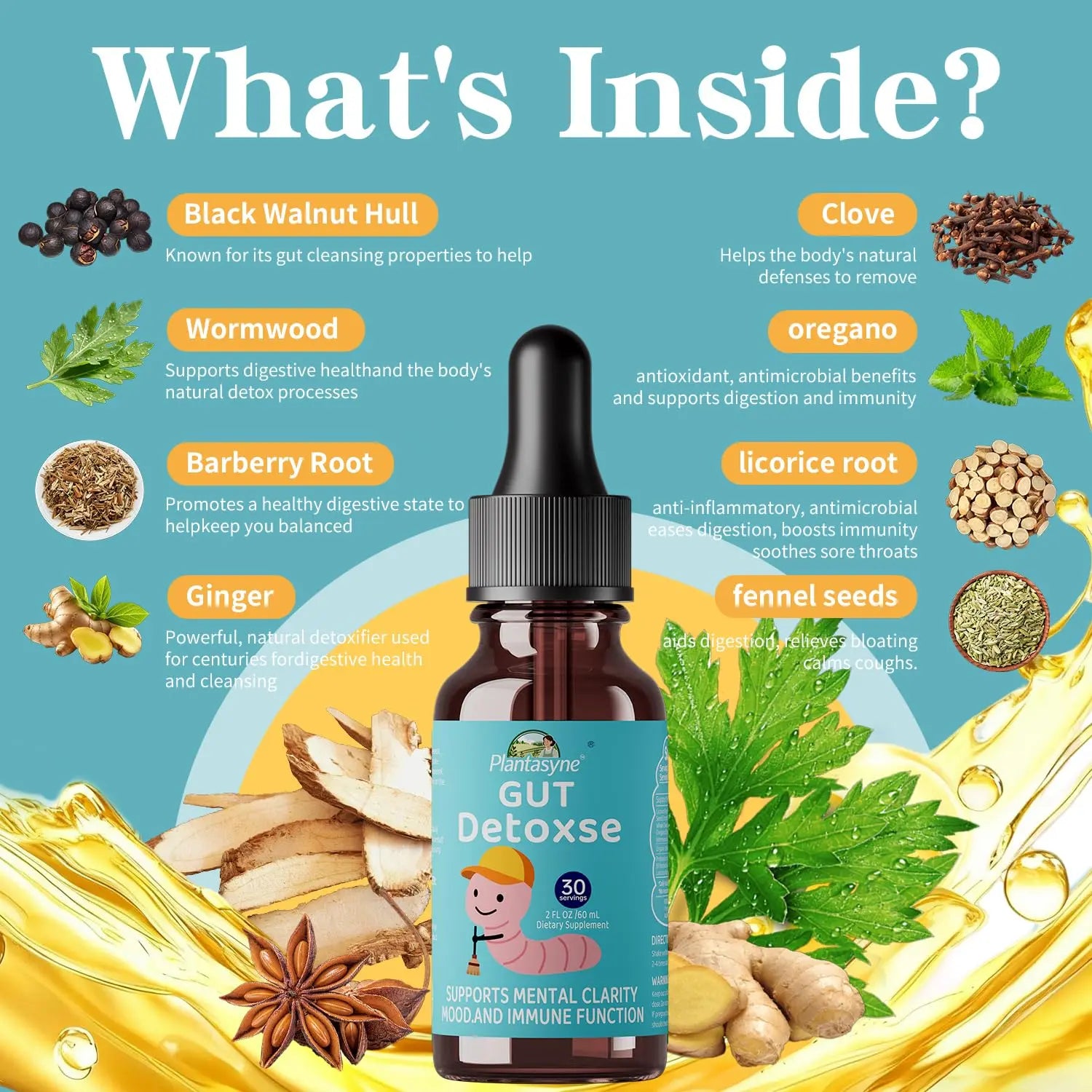 Plantasyne Herbal Gut Cleanse Drops with Black Walnut Hull & Barberry Root | Gentle Liquid Detox for Gut & Colon Support | for Adults & Kids|30 Servings Plantasynenz supplements
