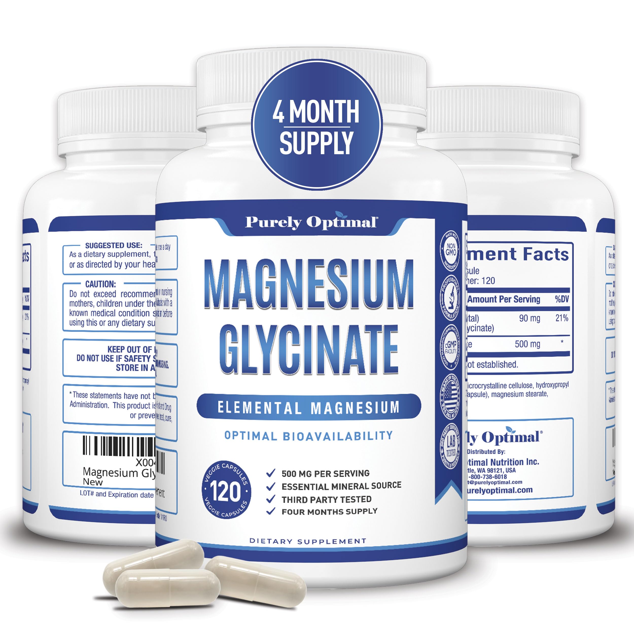 Purely Optimal Magnesium Glycinate 500mg – Sleep Support & Stress Relief – Gentle, High Absorption Magnesium Supplement for Muscle Relaxation, Calm & Nerve Support – 120 Capsules Purely OptimalAu supplements