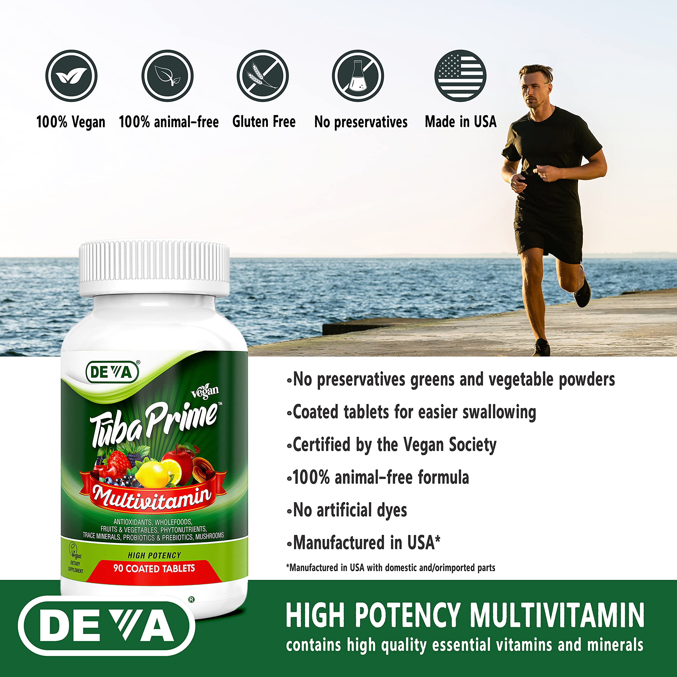 DEVA Tuba Prime Vegan Multivitamin - High-Potency Vitamin and Mineral Dietary Supplement - Antioxidants, Fruit and Vegetable Blend, Super Mushrooms, Probiotics, Prebiotics, Seeds, Herbs - 90 Tablets DEVAAu supplements