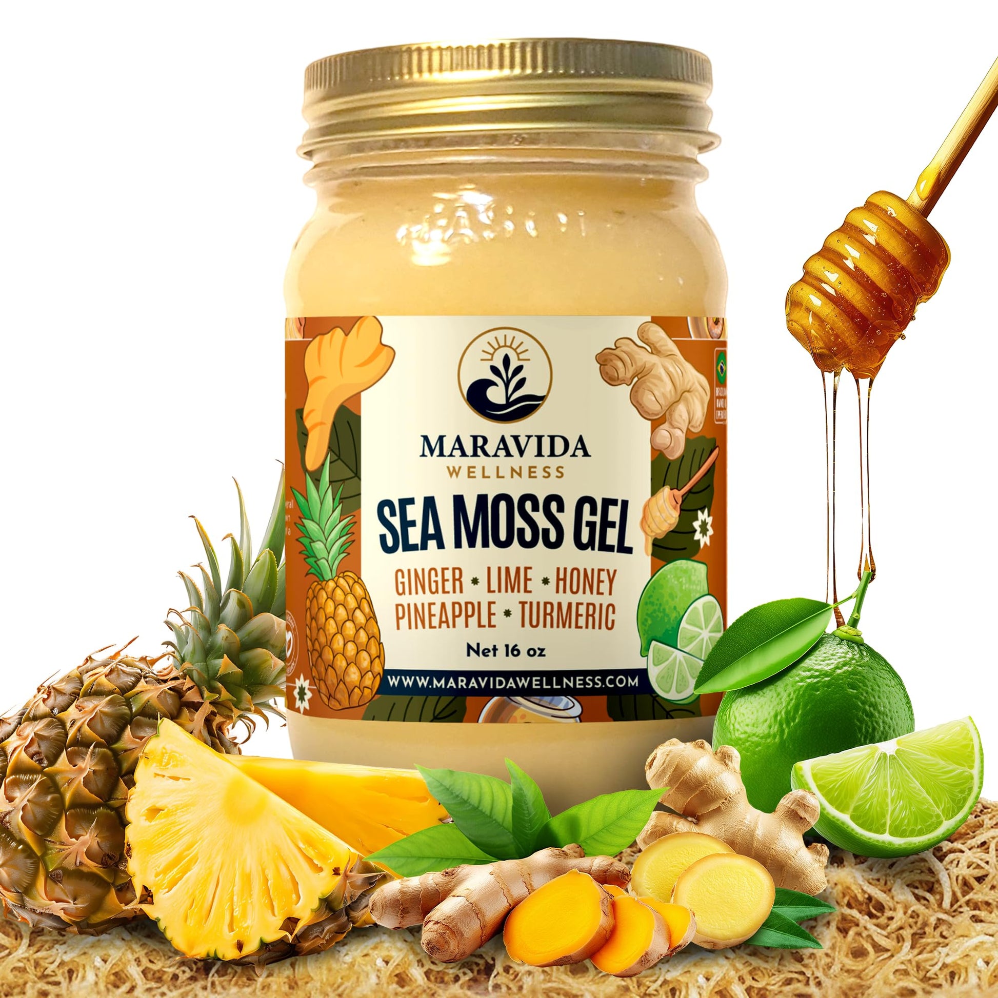 Maravida Wellness Sea Moss Gel – Pineapple, Lime, Honey, Ginger & Turmeric – 100% Natural Raw Organic Irish Moss – 16oz Jar – Premium Superfood for Everyday Wellness Maravida WellnessAu supplements