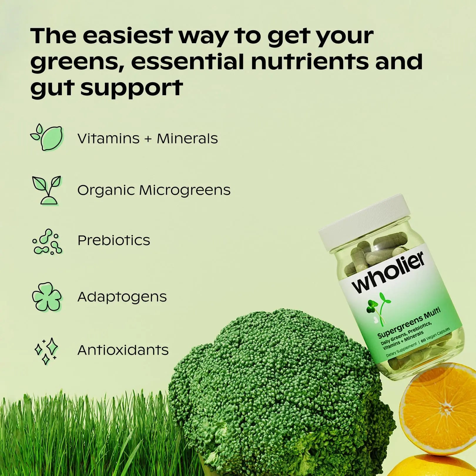 wholier Supergreens Multi, Daily Greens, Vegan Multivitamin for Women + Men, Whole Food Vitamins + Minerals, Prebiotics for Gut Health, Adaptogens (60 Vegan Capsules) Glass Bottle wholiernz supplements