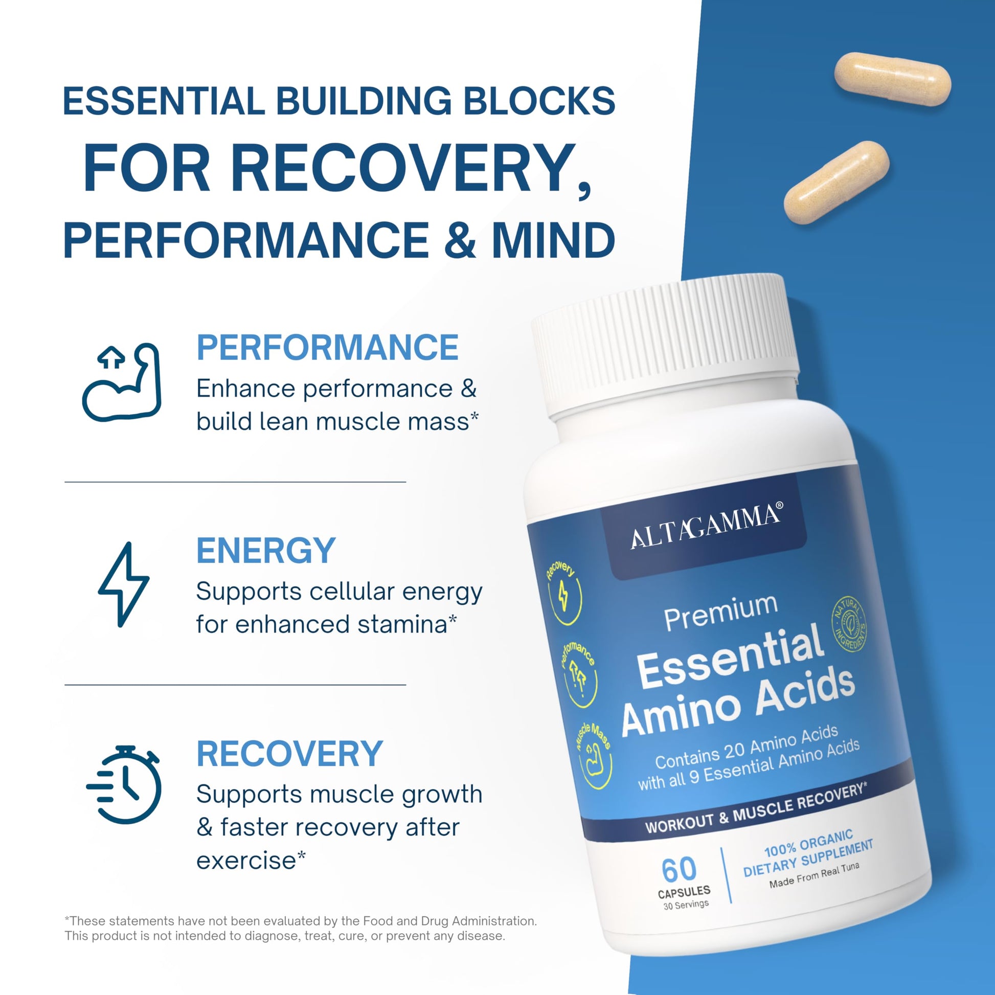 ALTAGAMMA Pure Amino Acids Complex - Protein for Pre/Post Workout, Energy & Muscle Recovery - 9 Essential Amino Acids Supplement (EAA) & BCAAs - Leucine, Lysine, L Tyrosine, L Arginine, 60 Capsules ALTAGAMMAAu supplements