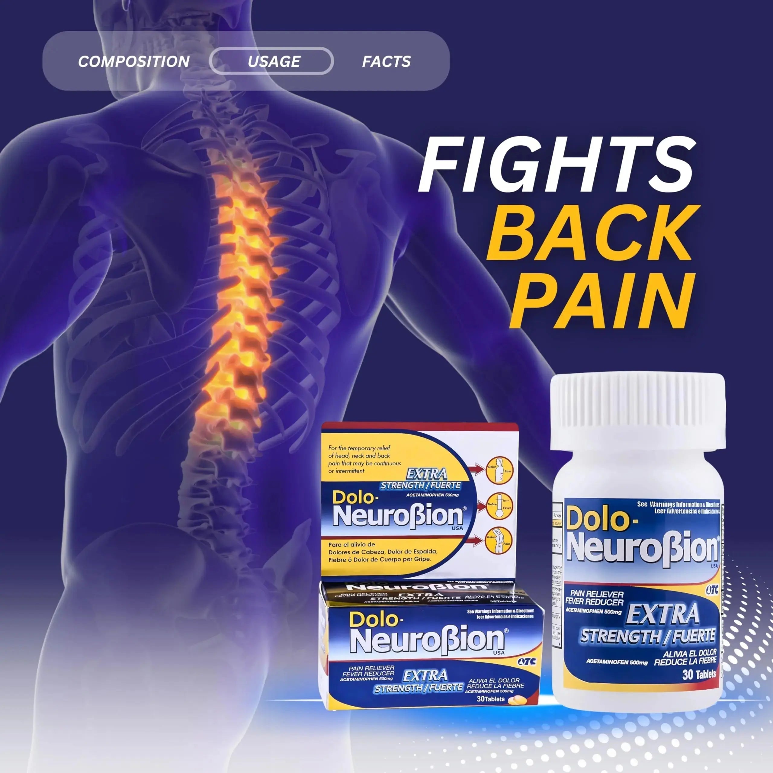 Dolo Neurobion 30 Tablets - Pain Reliever, Fever Reducer, Extra Strength, Fuerte, Alivia el Dolor, Reduce la Fiebre NeurobionAu supplements