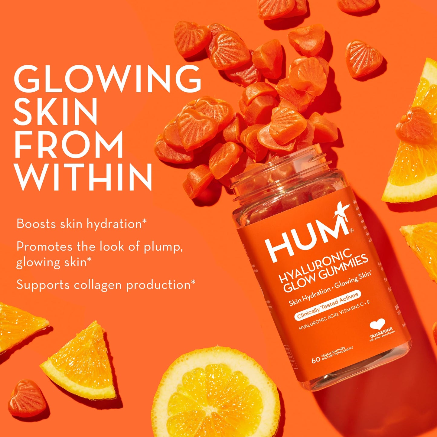 HUM Hyaluronic Glow Hydrating Skin Care Supplement, with Low Molecular Hyaluronic Acid, Vitamin C from Amla Fruit, and Vitamin E, Antioxidant Support for Skin Hydration, Tangerine, 60 Vegan Gummies HUMUS supplements