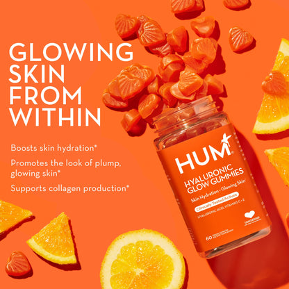 HUM Hyaluronic Glow Hydrating Skin Care Supplement, with Low Molecular Hyaluronic Acid, Vitamin C from Amla Fruit, and Vitamin E, Antioxidant Support for Skin Hydration, Tangerine, 60 Vegan Gummies HUMUS supplements