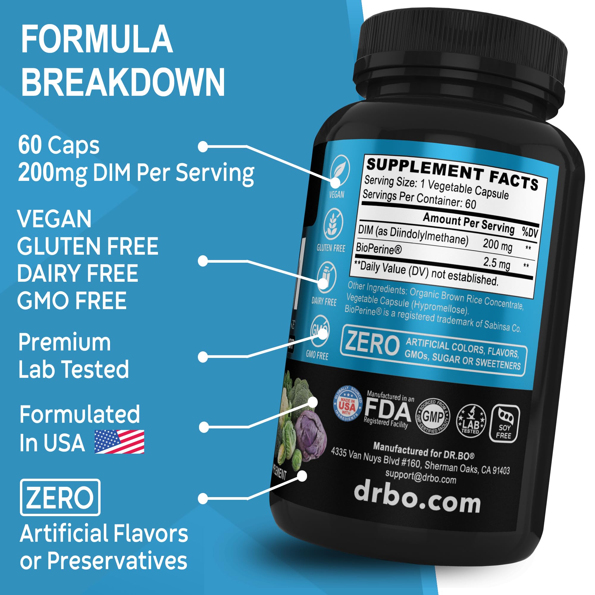DIM Supplement for Women & Men 200mg - Androgen Estrogen Blocker for Men & Women, Hormonal Acne Pills, Hormone Balance, Menopause Support, Diindolylmethane DIM Supplement Plus BioPerine - 60 Capsules DR. BOAu supplements