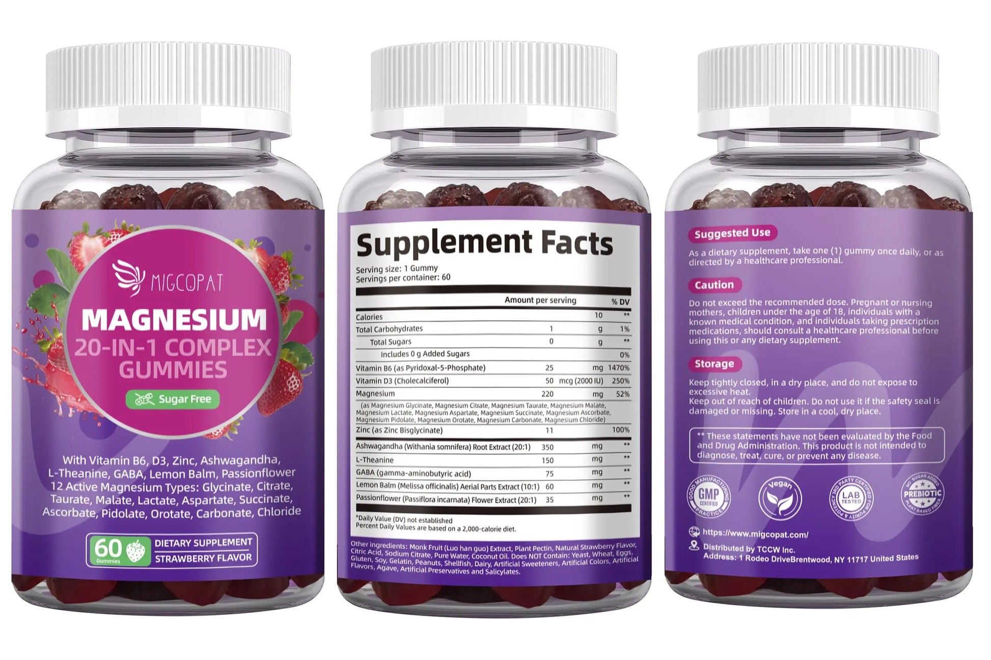 Migcopat Magnesium Complex Gummies, 20 in 1 Magnesium Gummy with Glycinate Citrate Malate Taurate - Ashwagandha, L-Theanine, D3&Zinc for Relaxation, Sleep, Muscle&Heart Support, Strawberry, 60 Cts Migcopatnz supplements