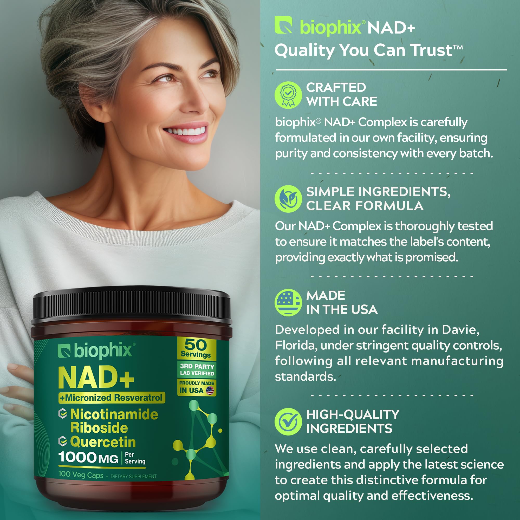 biophix NAD+ Liposomal Supplement for Women & Men - 1000 mg per Serving - Nicotinamide Riboside, Micronized Resveratrol & Quercetin Complex - 100 Veg Capsules - Non-GMO, Gluten-Free, cGMP Certified biophixAu supplements
