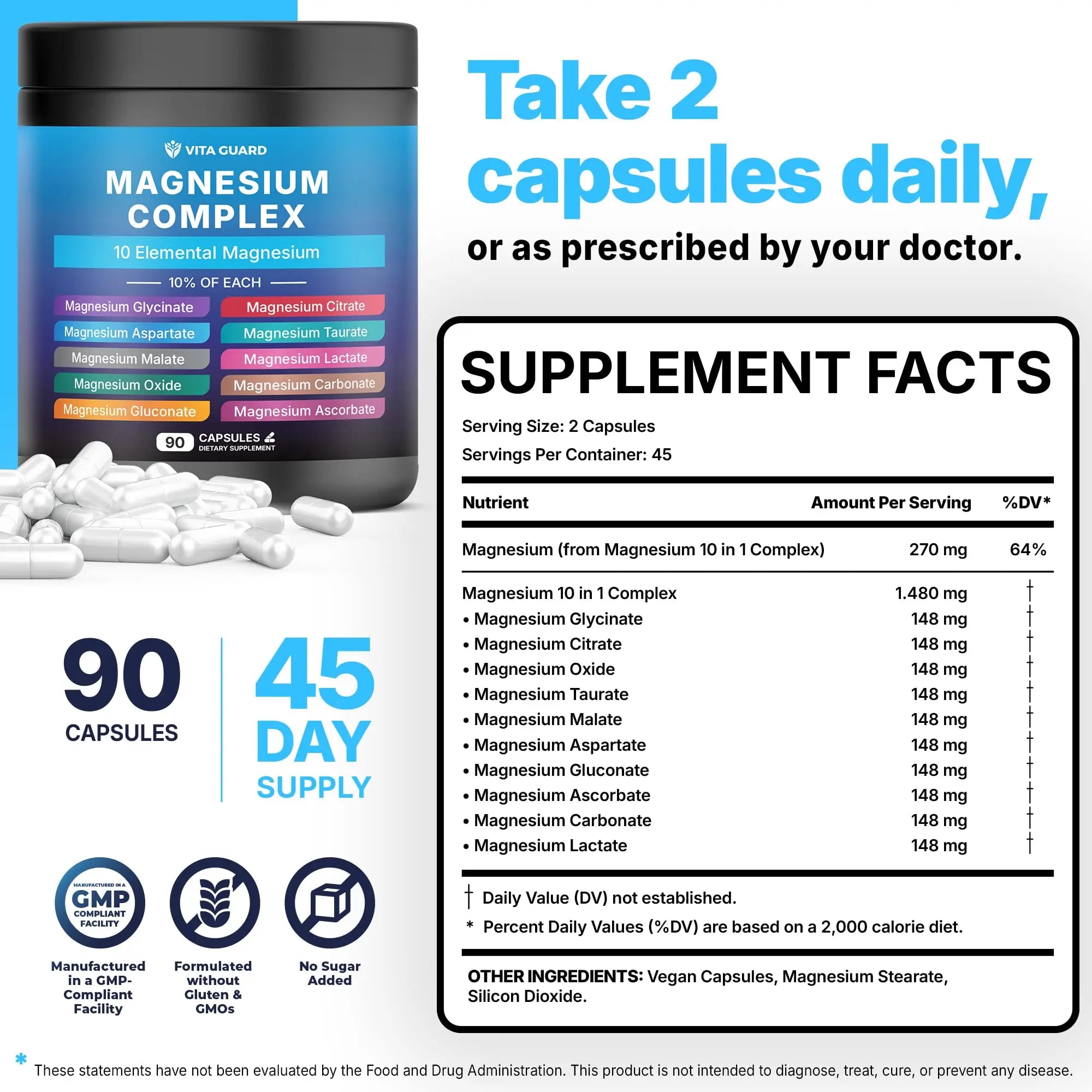 Vita Guard Magnesium Complex 1480mg – 10-in-1 with Glycinate, Citrate, Malate & More – High Absorption – Sleep, Muscle, Nerve & Heart Support – 90 Vegan Capsules – Non-GMO, Gluten-Free, No Sugar Vita Guardnz supplements