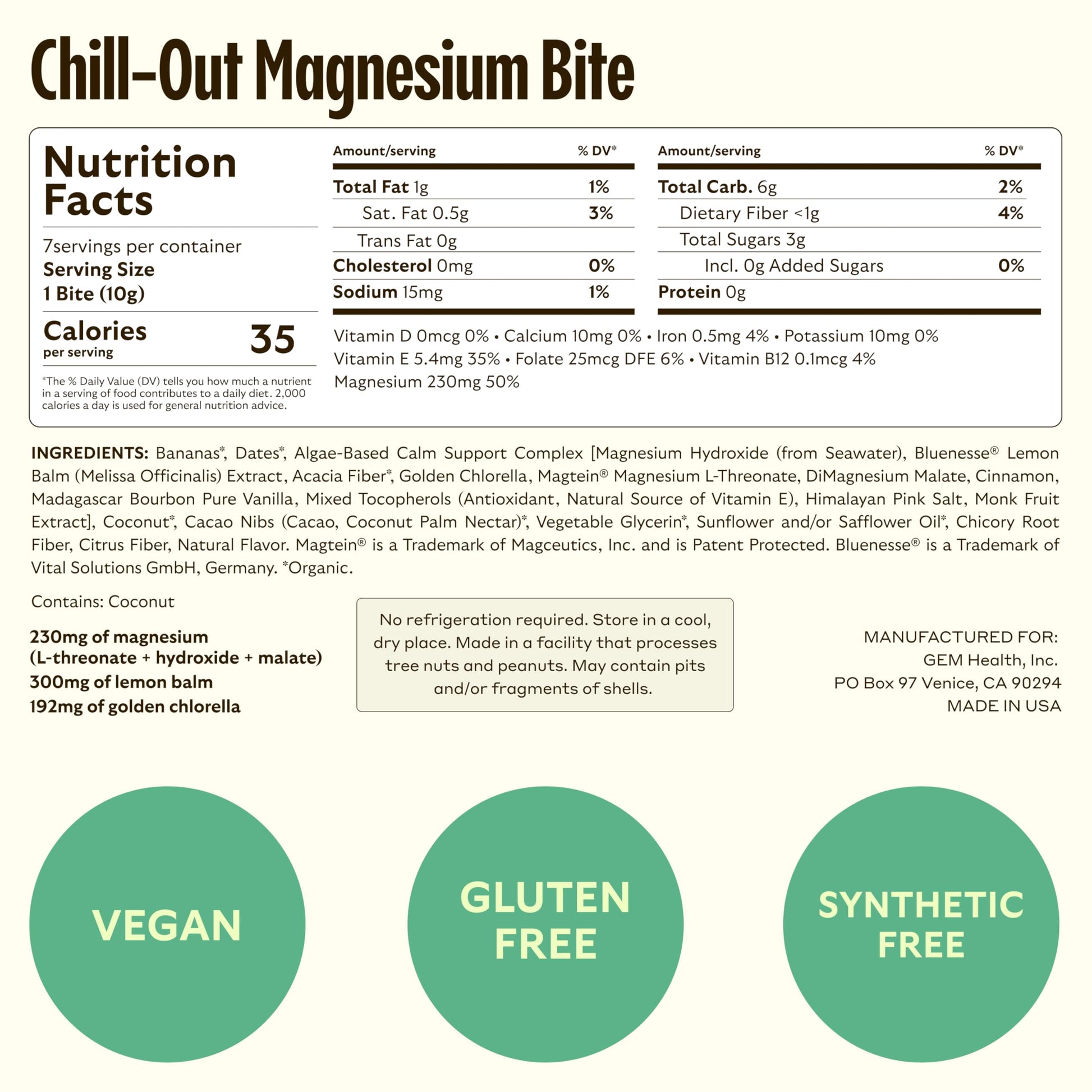 GEM Calm Bite | Supports Calm Mind & Clarity | Magnesium L-Threonate, Golden Chlorella, Lemon Balm | Holistic Non-Habit Forming | Gluten Free, Soy Free, Banana Cinnamon (7 Count) GEMAu supplements