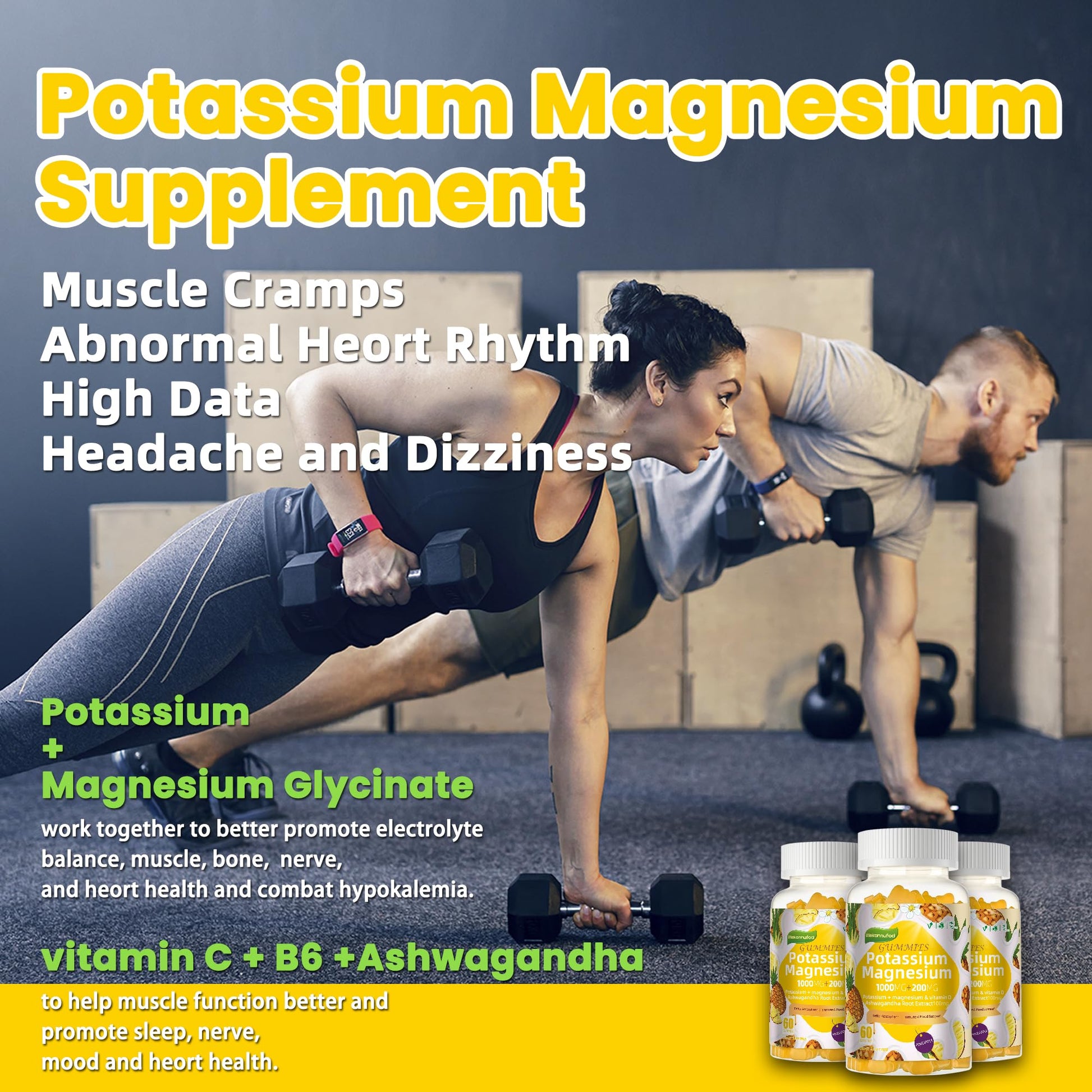 Potassium Magnesium Gummies,High Absorption Magnesium Glycinate,B6,D3,Potassium Citrate for Leg Cramps,Muscle,Electroyte for Adults Kids,Sugar-Free, 60 Gummies (Pineapple) WekannufodAu supplements