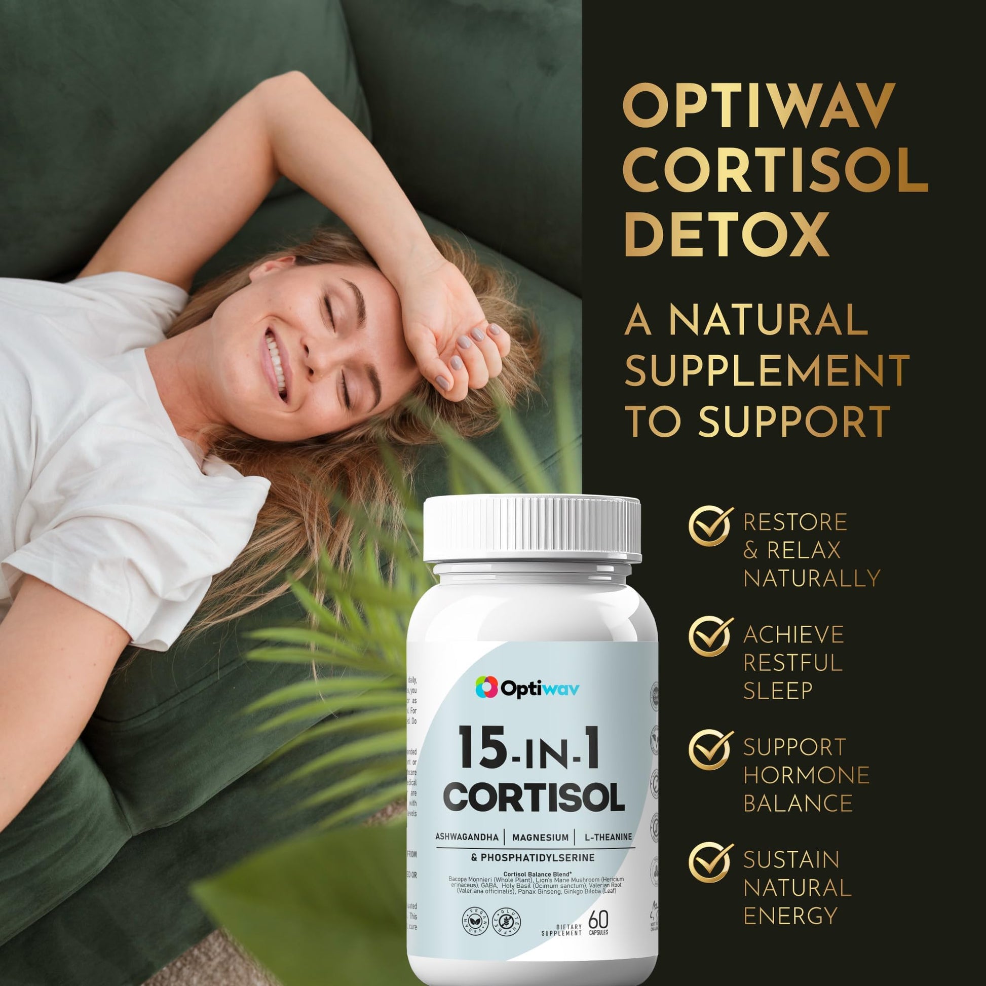 Optiwav Cortisol Detox Supplement for Women Men - Control & Lowering High Cortisol Level - Balance Calm Stress Relief Cleanse Adrenal Health Support - Magnesium Ashwagandha Cortisol Blocker Reducer OptiwavAu supplements