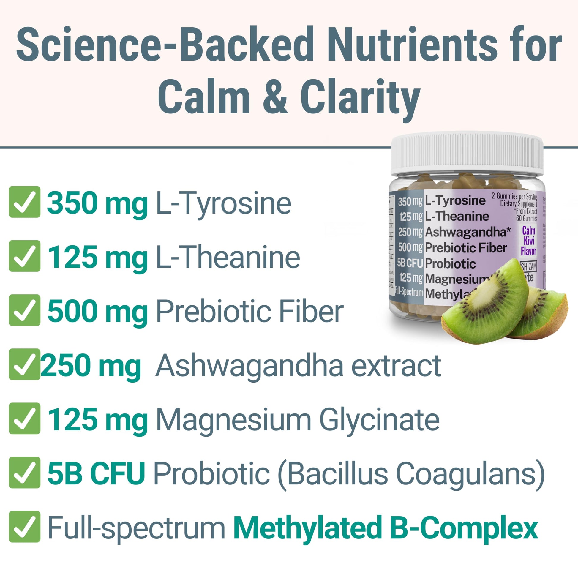 L-Tyrosine L-Theanine Methylated Vitamin B Complex Magnesium Glycinate Probiotic Fiber for Kids Adults Men Women w. Chicory Root Inulin 5-MTHF B12 P5P B6 B9 B5 B3 Powder Capsule Pill Supplement Alt SHIZAMAu supplements