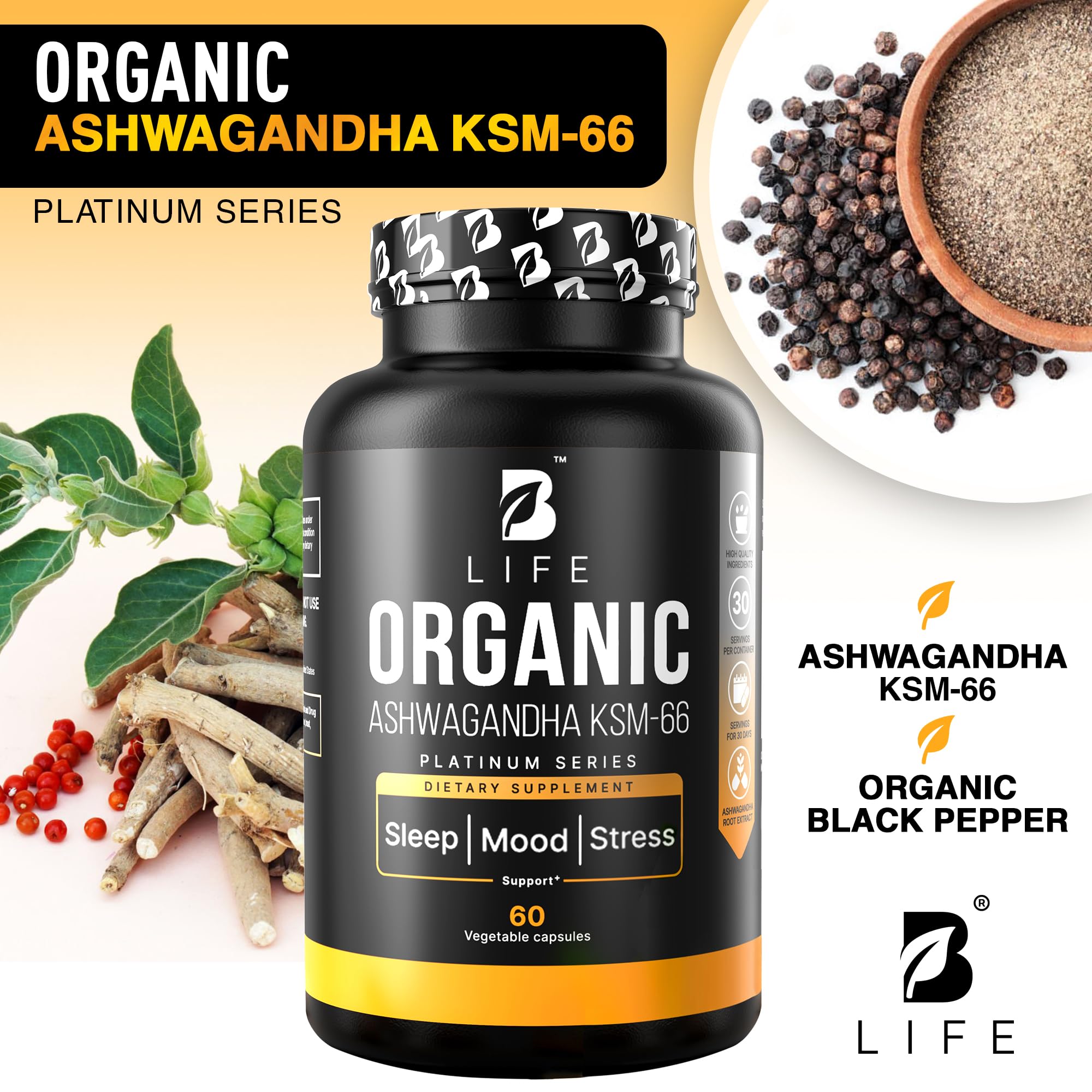 Organic Ashwagandha KSM-66 1000 mg Supplement | Adaptogen for Cortisol Support & Stress Relief | Mood, Calm & Sleep Aid for Men & Women | Ashwagandha ritual vitamins for women | 60 Vegan Caps B Life CompanyAu supplements