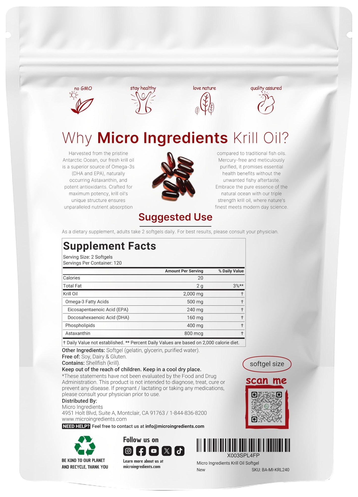 Micro Ingredients Antarctic Krill Oil Supplement, 2,000mg Per Serving, 240 Softgels, Triple Strength, Rich in Omega-3s EPA, DHA & Natural Astaxanthin Micro IngredientsUS supplements