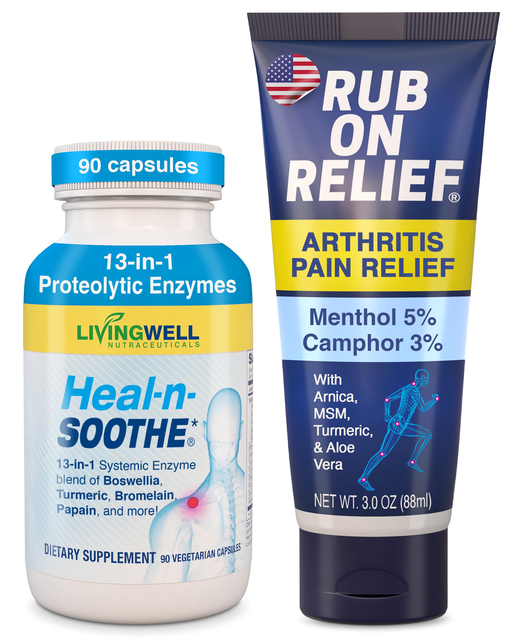 RUB ON RELIEF & HEAL-N-SOOTHE Bundle - Topical Pain Relief Cream for Joints, Knees, Shoulders and Back plus Proteolytic Enzymes for Joint Support for Men and Women - 2-Pack, 3oz Cream & 90 Capsules HEAL-N-SOOTHEAu supplements