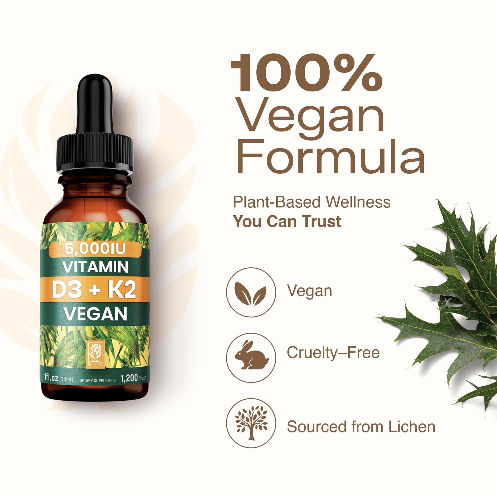 NATURTREU Vegan Vitamin D3 K2 Liquid Drops with MCT Oil for Adults (240 Servings) - Liquid Vitamin D K2 MK7 - All Natural, Non-GMO & Dr Formulated with 3X More Absorption - Third-Party Tested NATURTREUAu supplements