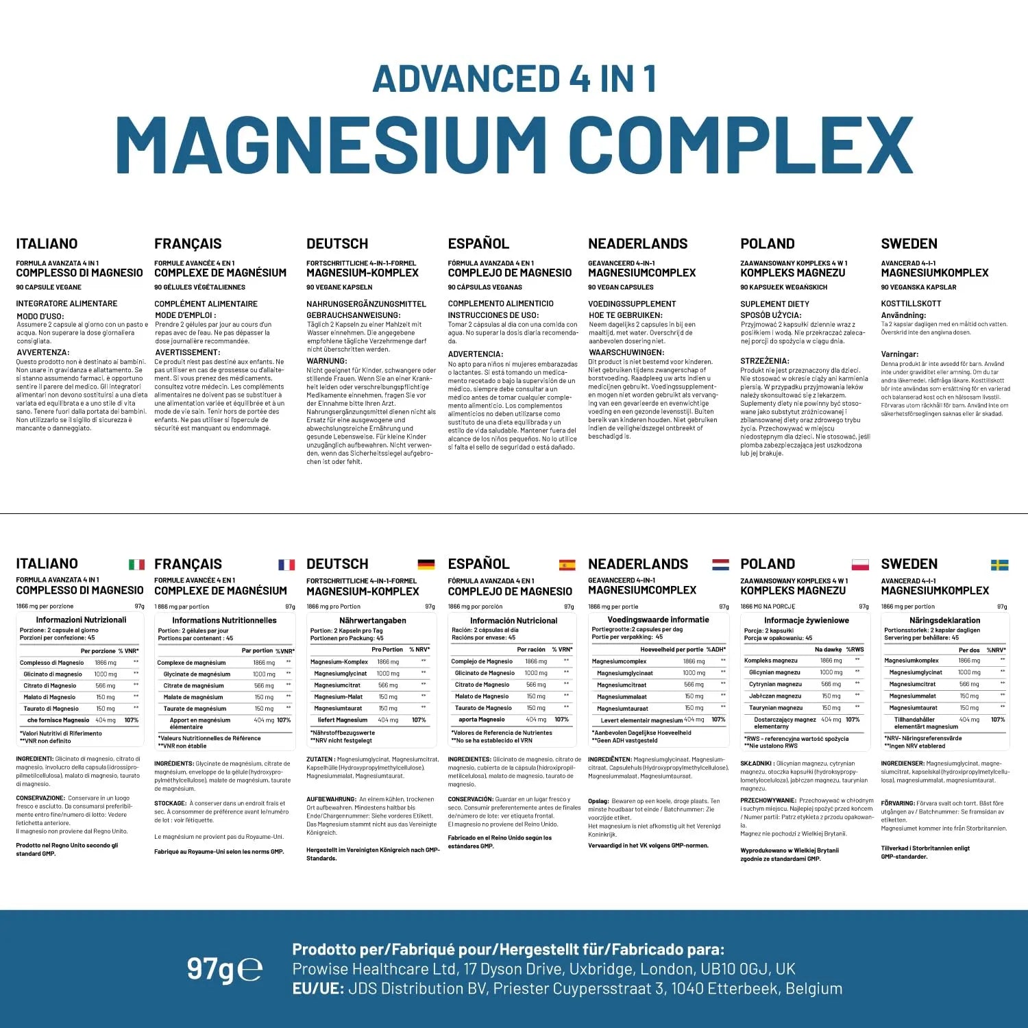 Magnesium Glycinate Complex 4 in 1-1866mg per Serving | Precise 404mg Elemental Magnesium dose | Added Magnesium Glycinate, Citrate, Malate & Taurate | 90 Vegan Capsules - by Prowise PH PROWISE Healthcarenz supplements