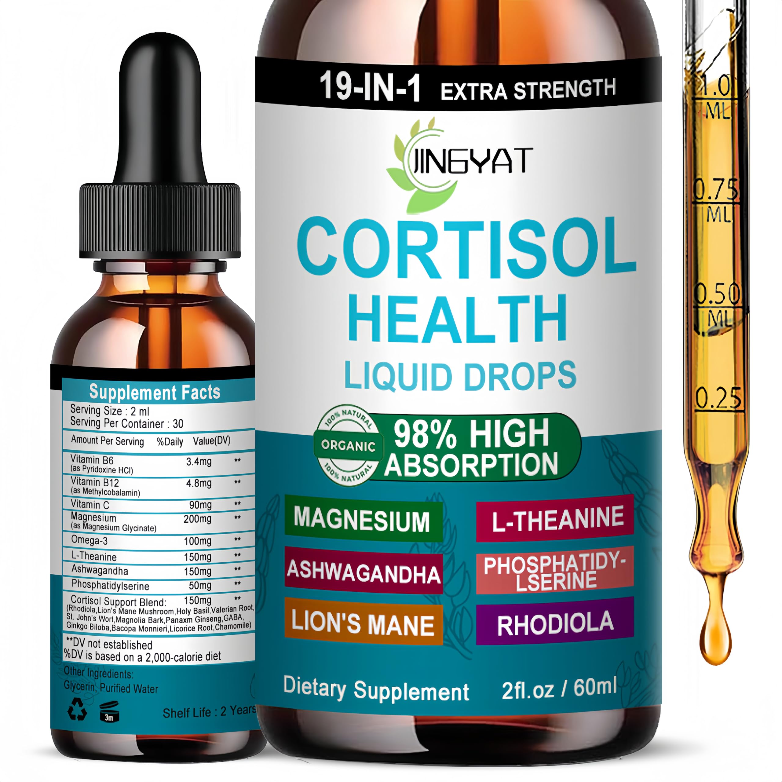 Cortisol Supplements for Women,19-in-1 Cortisol Supplement Liquid Drops w/Magnesium,L-Theanine,Ashwagandha,Omega-3, High Absorption Hormone Balanced for Women Drops - Sleep Focus Mood, Non-GMO JINGYATAu supplements