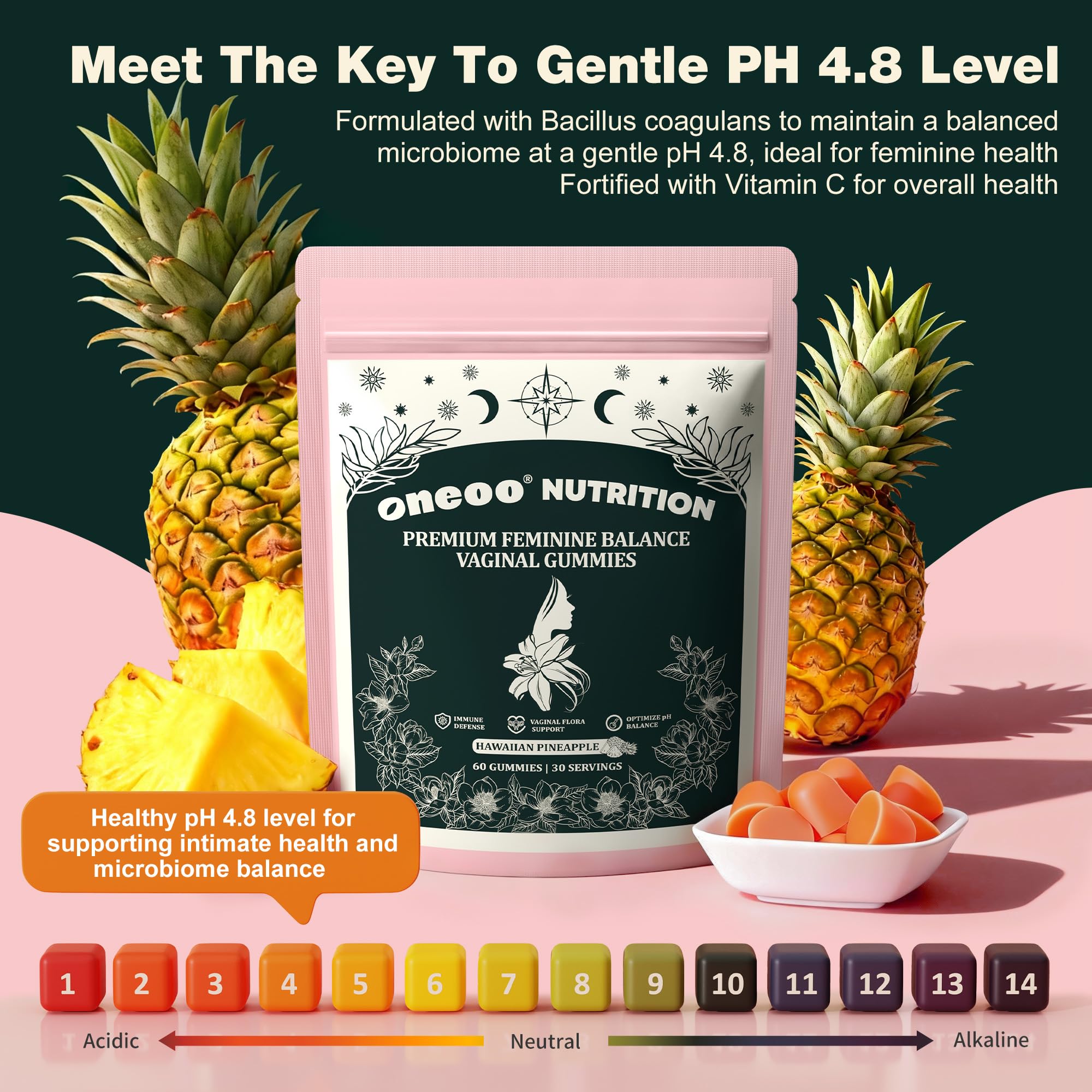 Oneoo Feminine Balance Gummies - Premium Balance Gummies for Women's pH Health, Feminine Gummy for Immune & Energy Support, Vegan, Gluten-Free, Hawaiian Pineapple, 60 Count OneooAu supplements