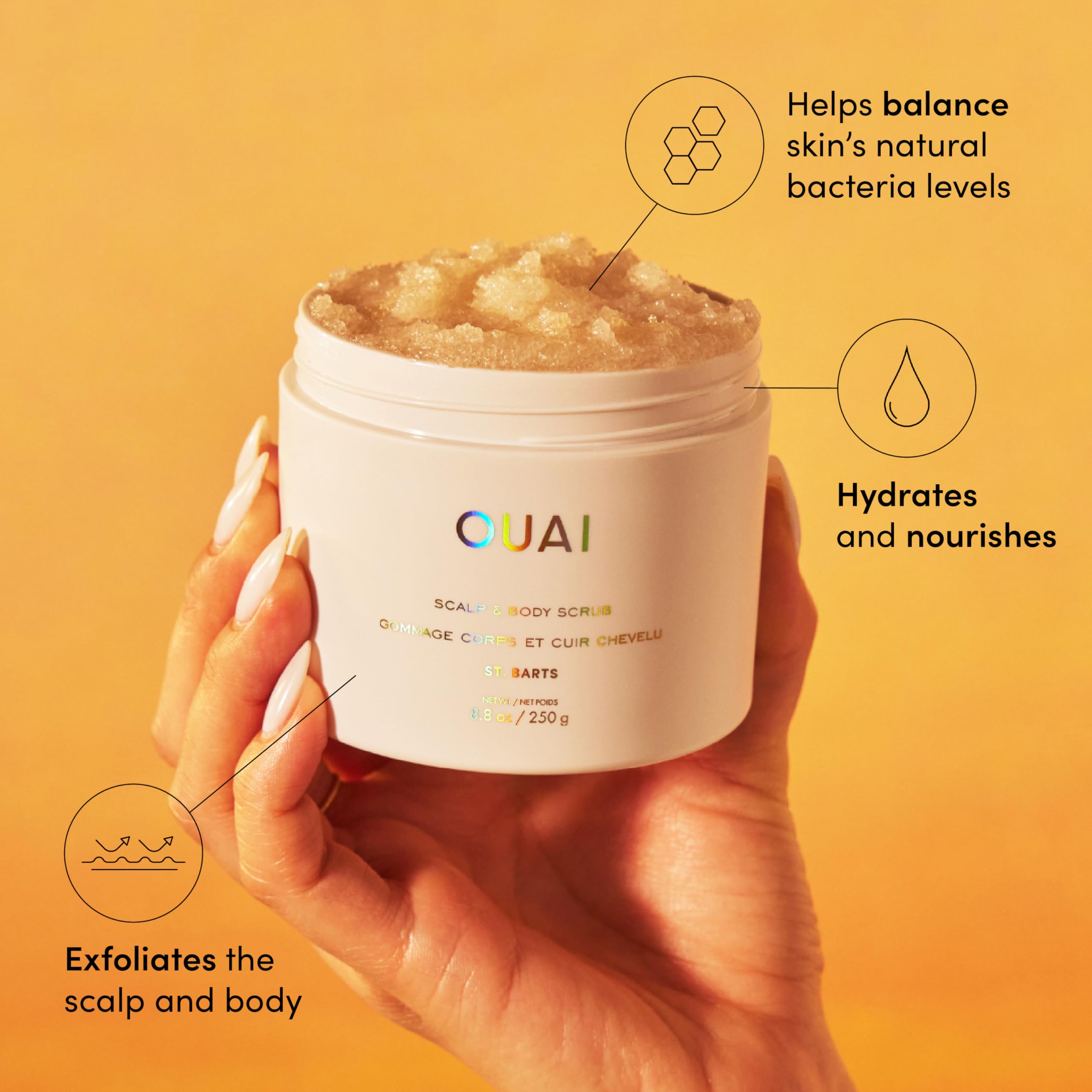 OUAI Scalp & Body Scrub, St. Barts - Exfoliating Body Scrub with Sugar & Coconut Oil Blend for Smooth, Moisturized Skin - Gentle Scalp Exfoliator for Removing Product Build Up (8.8 Oz) OUAIAu supplements