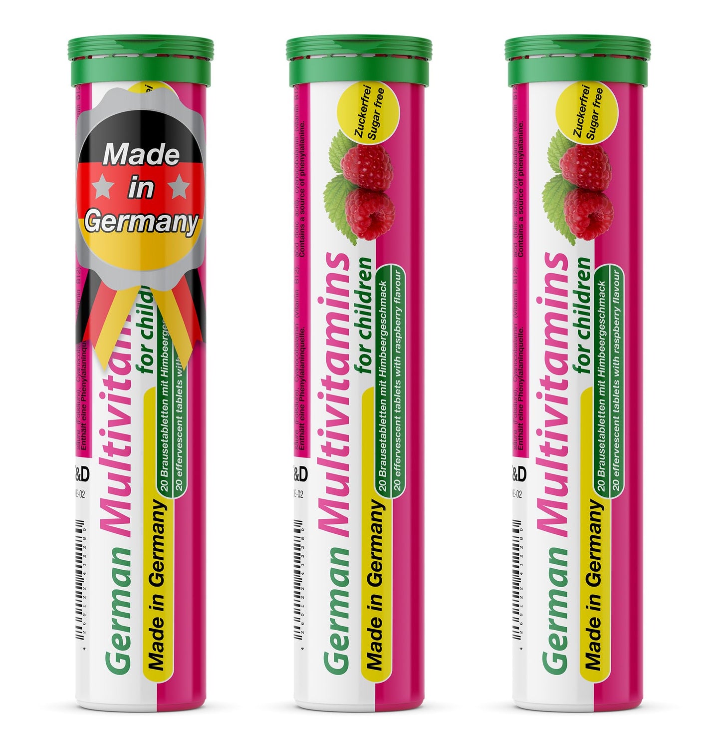 T&D German Multivitamin for Children 60 Drink Effervescent Tablets - Sweet Raspberry Flavour, Sugar Free, Vegan - Vitamin C, E, B1, B2, B6, B12 T&DUS supplements