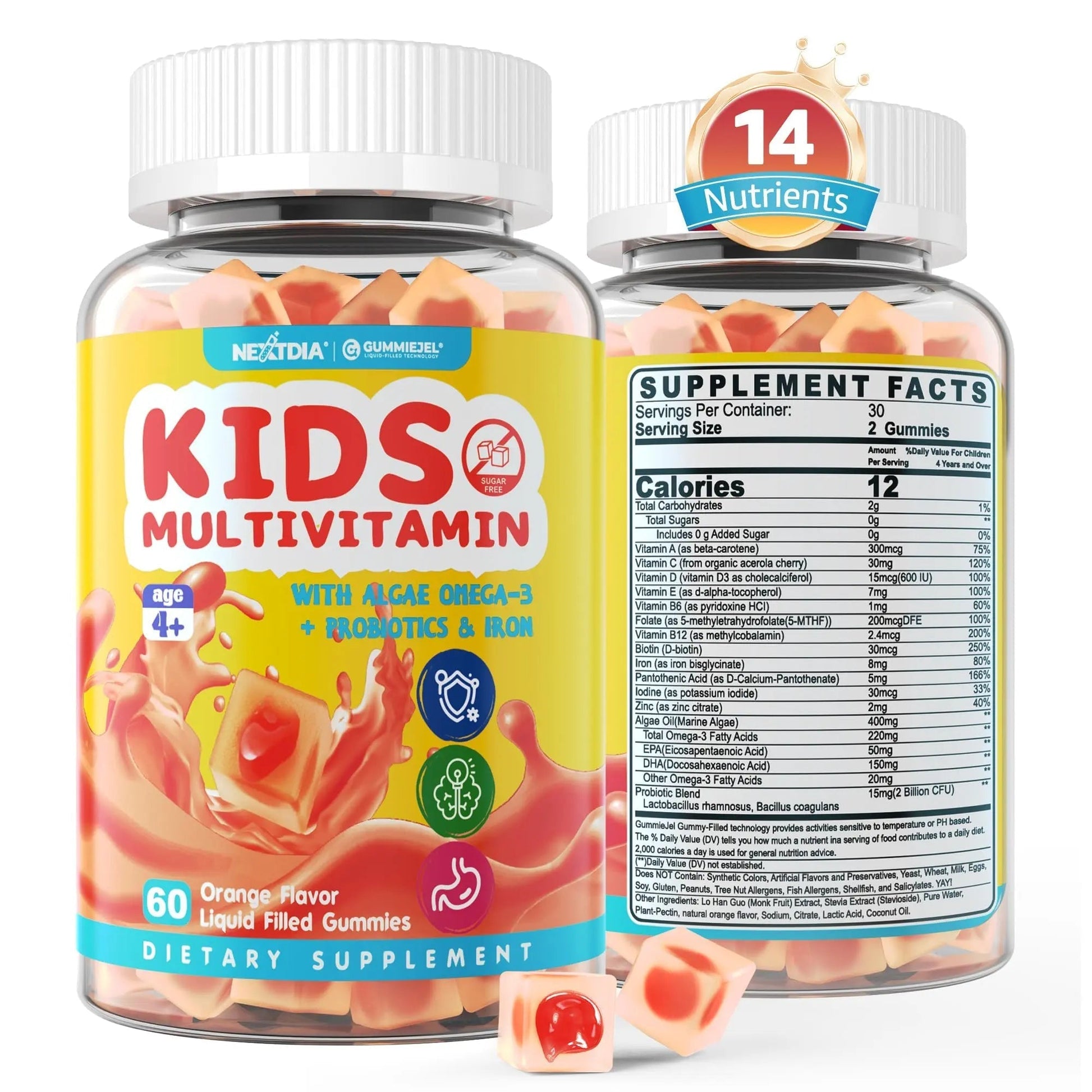 Kids Multivitamin Gummies with Iron, Sugar Free, Kids Daily Vitamins + Probiotics, Algae Omega 3 (EPA/DHA), A, C, D, Methyl B12, Folate, B6, Zinc, Biotin NextdiaAu supplements