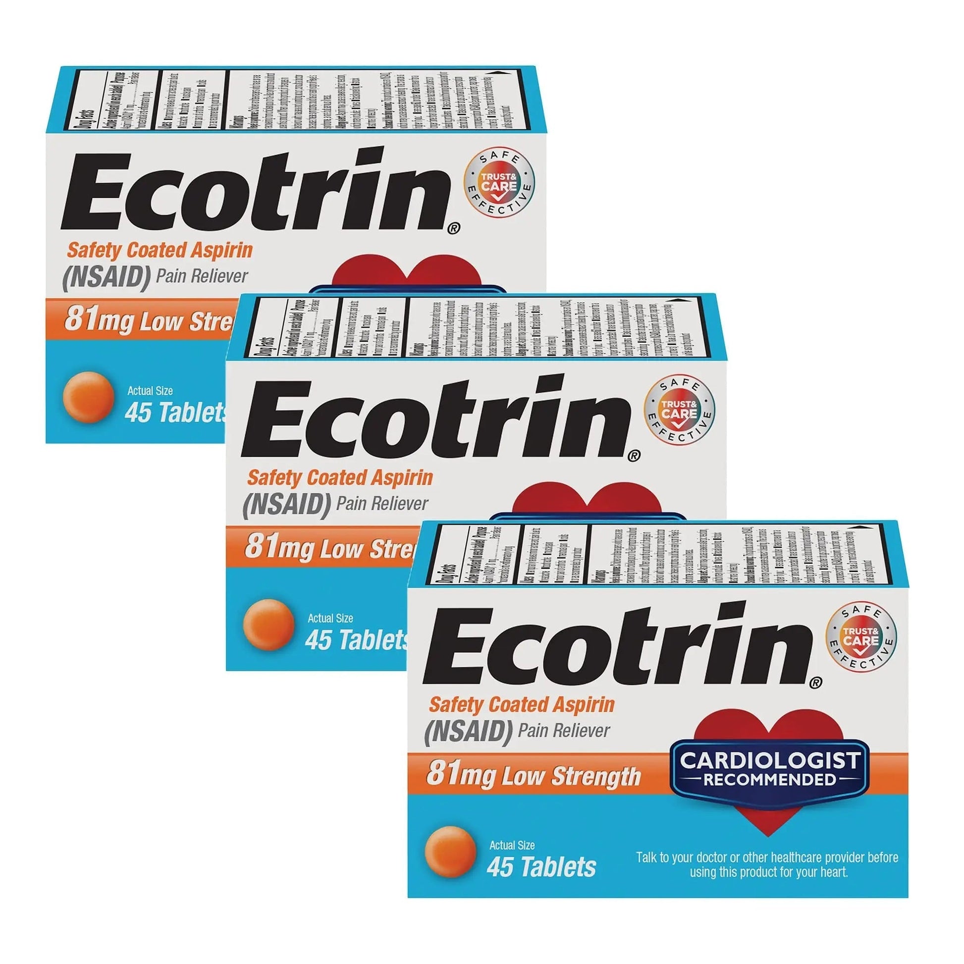Ecotrin Safety Coated Aspirin Pain Reliever Tablets, Low Strength, NSAID 81mg, 45 ct (Pack of 3) EcotrinAu supplements