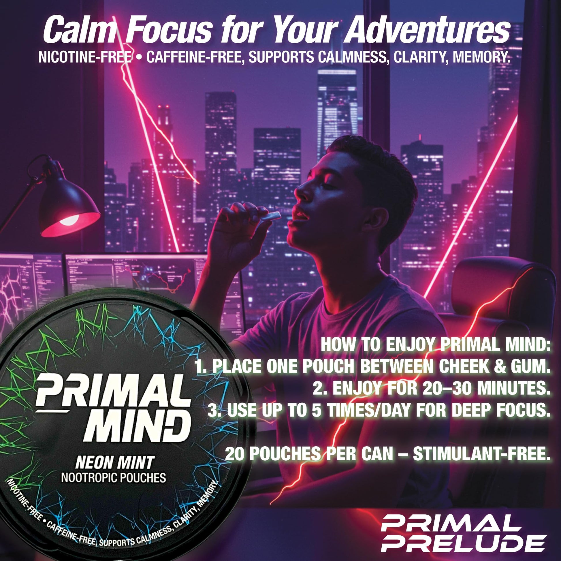 Nootropic Pouches - Primal Mind Caffeine Free Nootropics Pouches Made with Ginkgo Biloba & L-Theanine - Nicotine Free Brain Boost, No Sugar, Cognitive Support – 20 Pouches Per Can, 5 Pack (Neon Mint) Primal PreludeAu supplements
