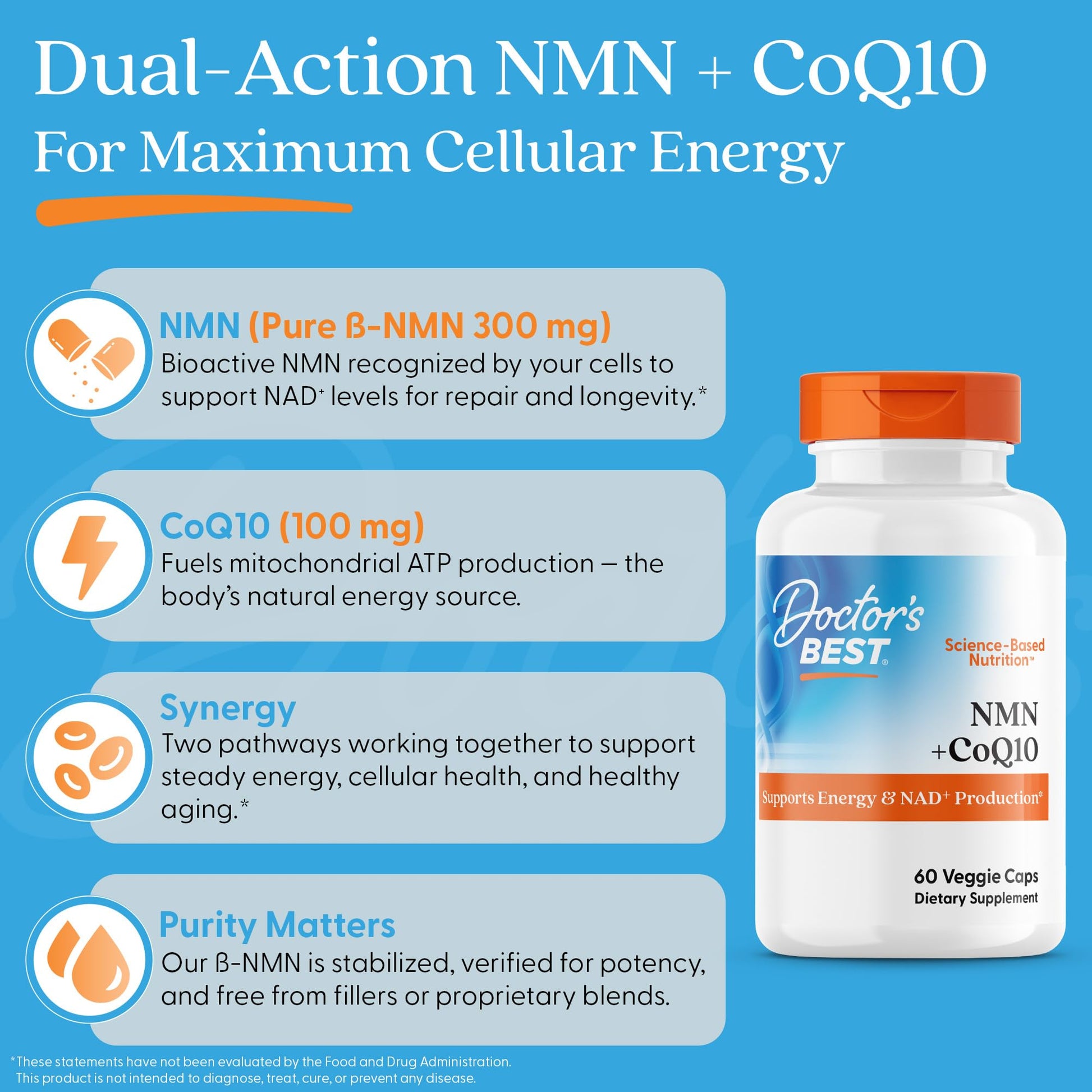Doctor's Best NMN + CoQ10 Supplement for Women & Men - Supports NAD+ Production & Cellular Energy, Beta Nicotinamide Mononucleotide 150 mg & Coenzyme Q10 50 mg per Capsule, Vegan, Non GMO- 60 Veg Caps Doctor's BESTAu supplements