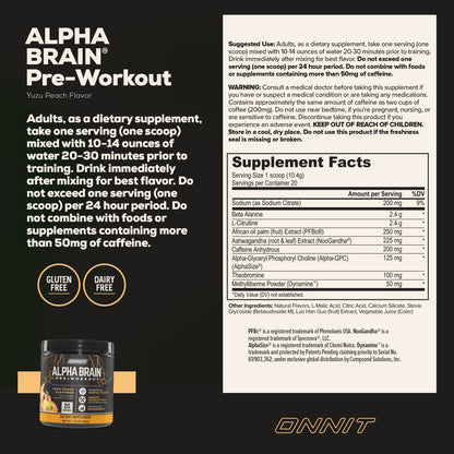 ONNIT Alpha Brain Pre-Workout - Yuzu Peach (20 Serving Tub) ONNITUS supplements