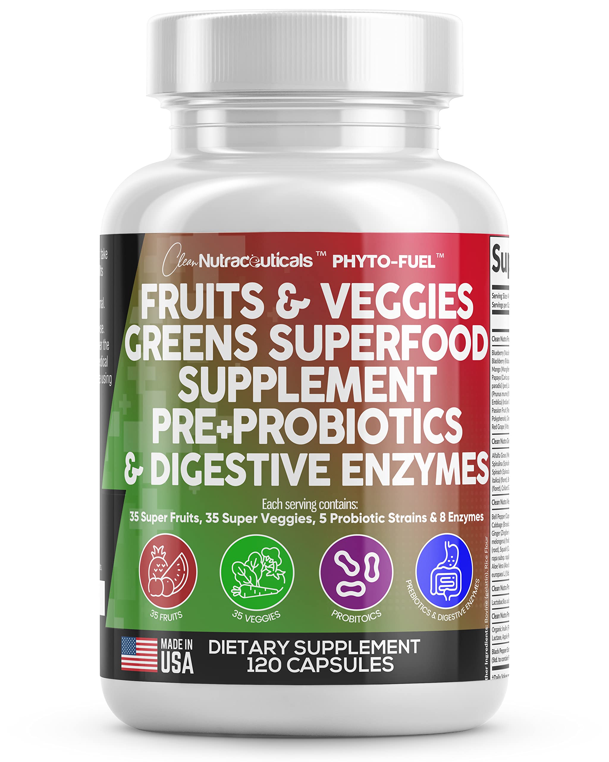 Clean Nutraceuticals Fruits and Veggies Supplement Reds & Green Superfood - Balance of Over 70 Fruit & Vegetable Supplements Capsules with Probiotics Prebiotics Digestive Enzymes - 120 Ct USA Clean NutraceuticalsAu supplements