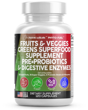 Clean Nutraceuticals Fruits and Veggies Supplement Reds & Green Superfood - Balance of Over 70 Fruit & Vegetable Supplements Capsules with Probiotics Prebiotics Digestive Enzymes - 120 Ct USA Clean NutraceuticalsAu supplements
