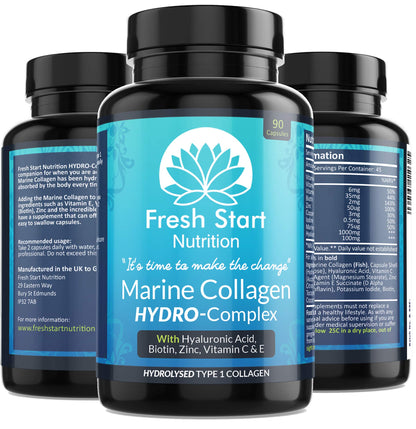 Marine Collagen Tablets 1000mg - 90 Premium Type 1 Hydrolysed Collagen Capsules with Hyaluronic Acid Fresh Start NutritionUS supplements