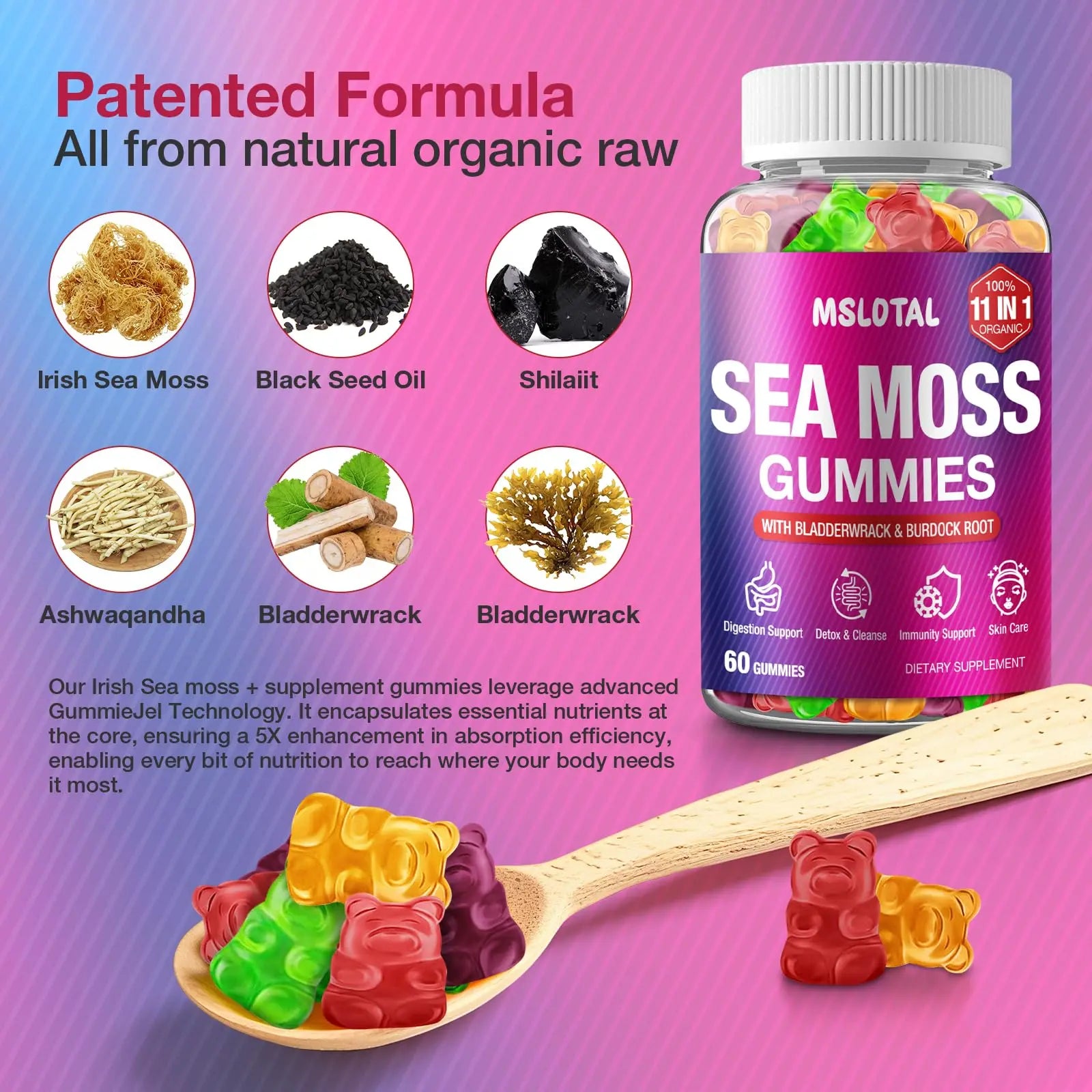 MSLOTAL Irish Sea Moss Gummies with Ashwagandha Bladderwrack and Burdock Root - Natural Irish Seamoss Supplement for Thyroid, Energy, Immune Support - 60 Vegan Gummy MSLOTALnz supplements
