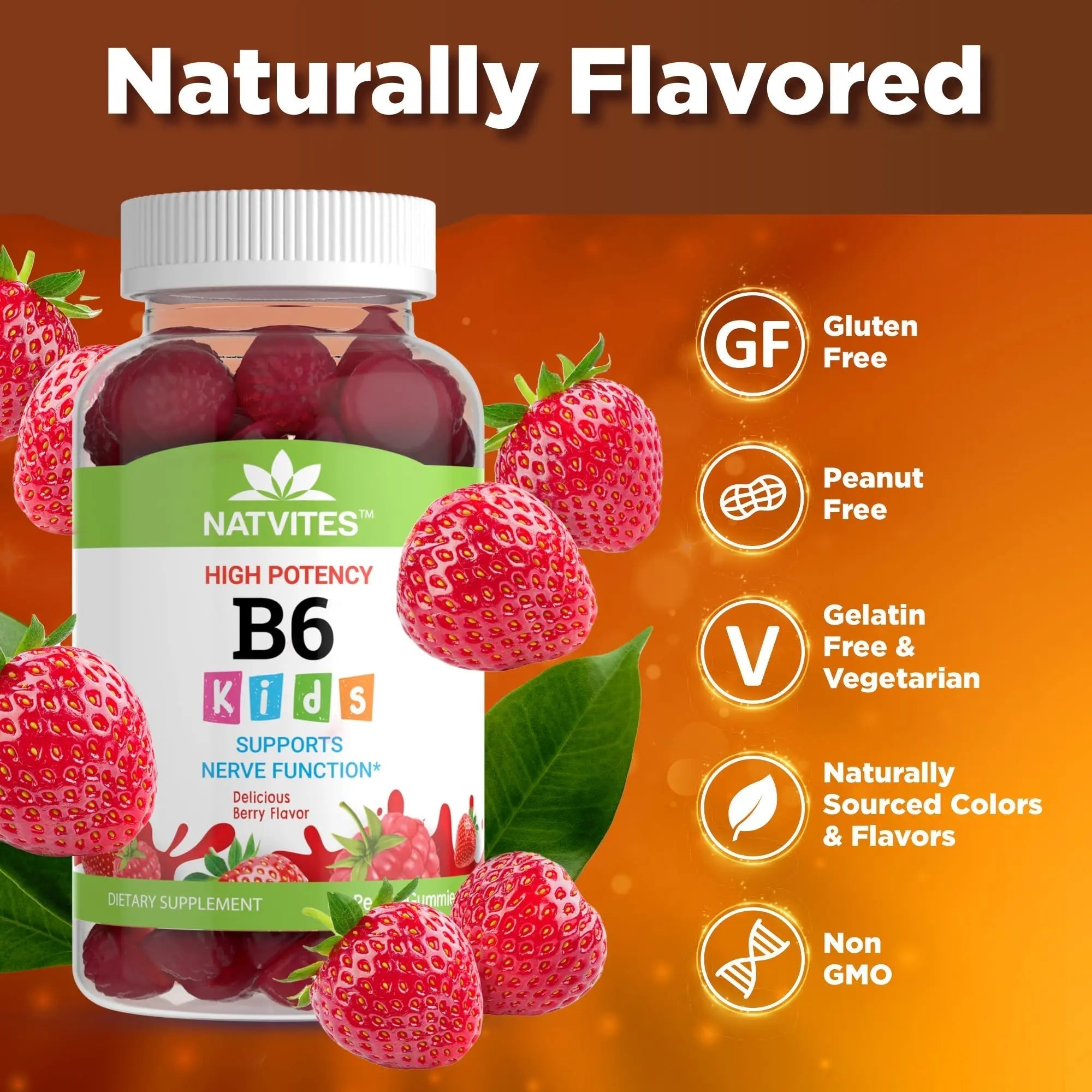 Natvites High-Potency Vitamin B6 Gummies for Kids - Delicious Berry Flavored VIT B6 Vitamins 50mg - Supports Nerve Function - Vegetarian Gluten Free Non-GMO Children's 50 mg B 6 Supplement (60 Count) NatvitesAu supplements